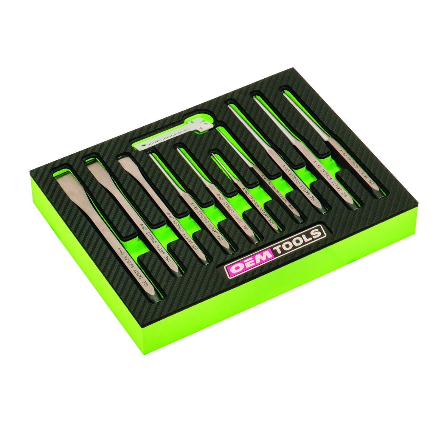 23996 Punch and Chisel Set, 11 Piece, Cut, Shape, and Puncture Medium and Soft Metals, Heat-Treated Alloy Steel, Includes Green EVA Organizer Tray