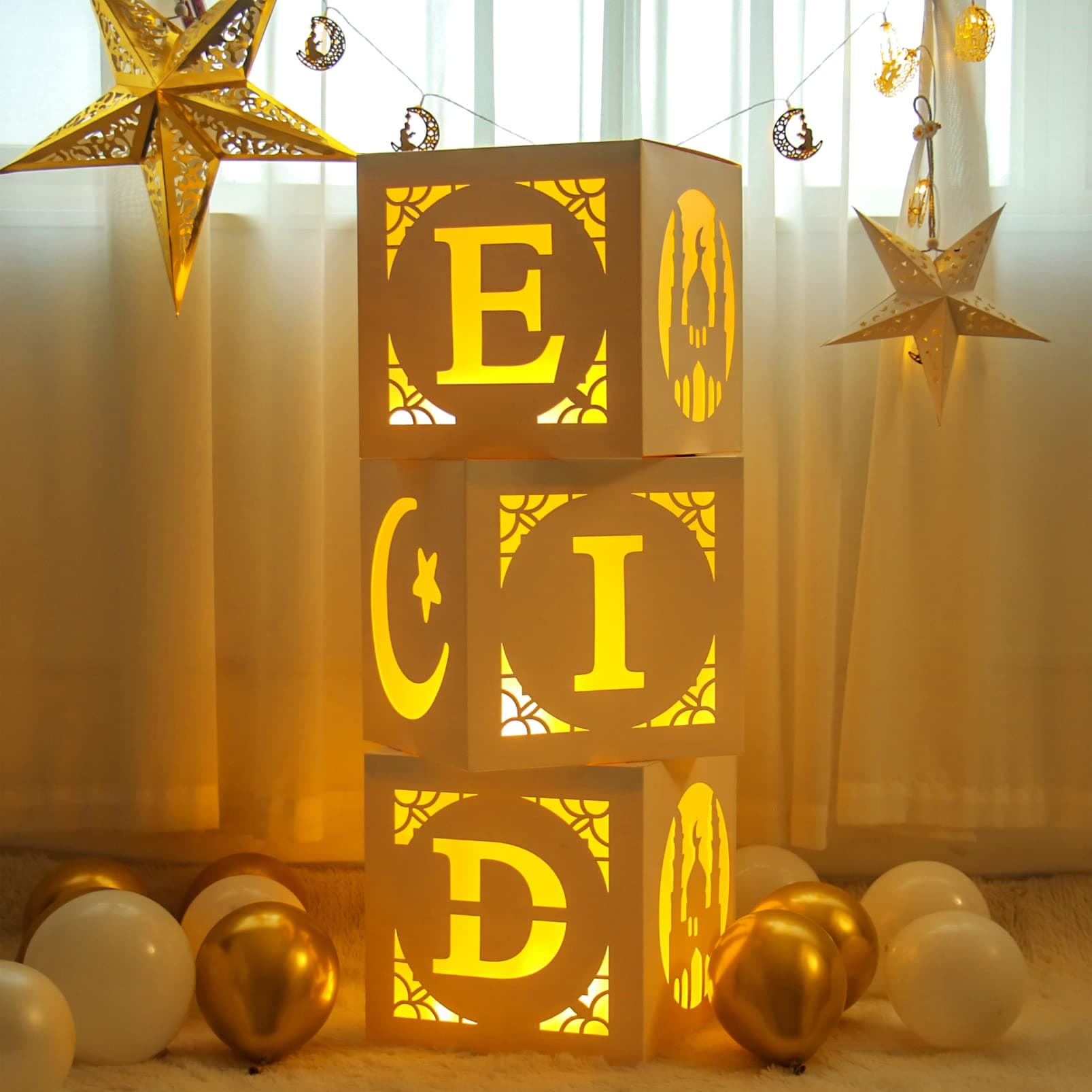 Eid Mubarak Decorations- 3pcs Mubarak Eid Hollow Boxes with Lights