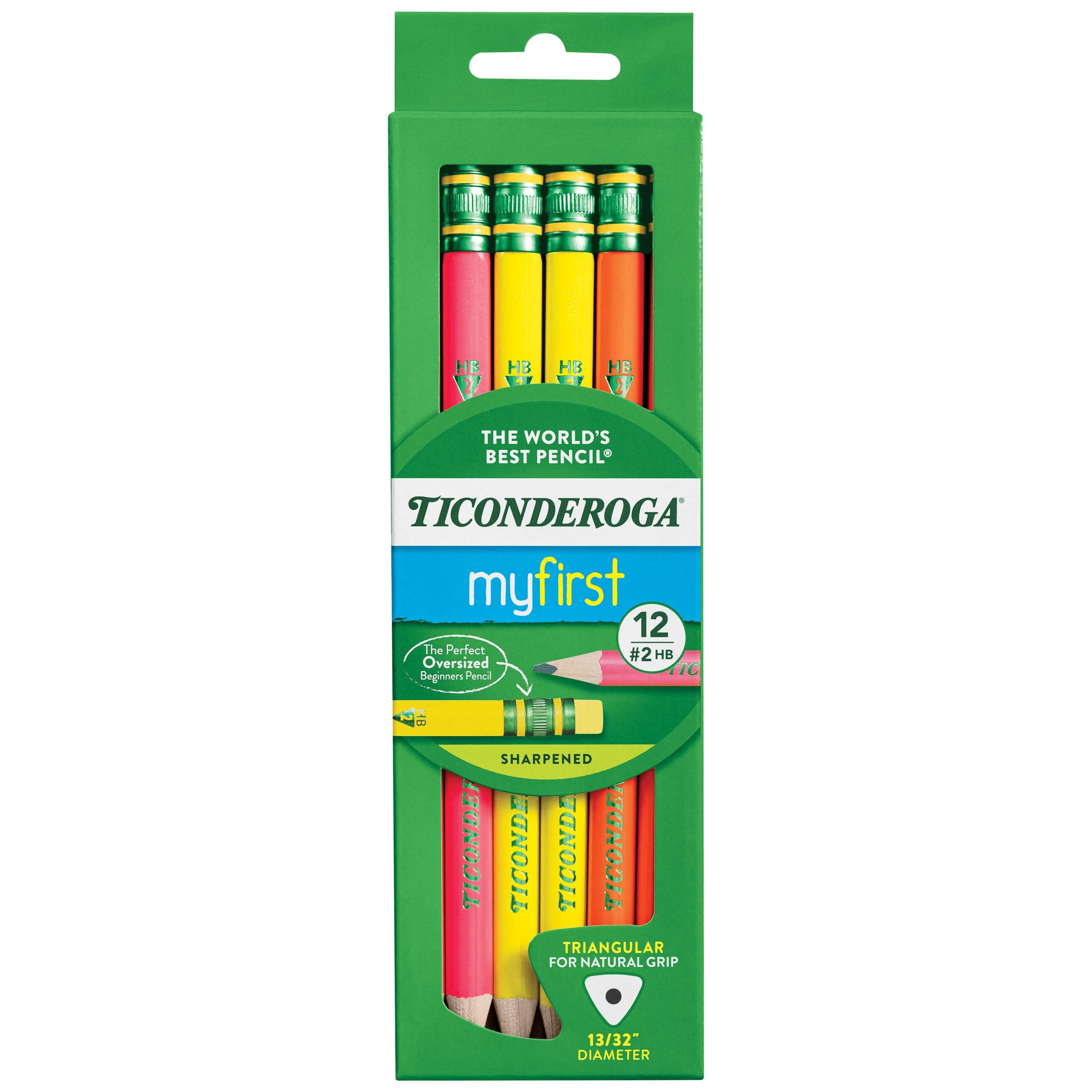 My First Tri-Write Wood-Cased Pencils, Pre-Sharpened, 2 HB, With Erasers, Neon Colors, 12 Count