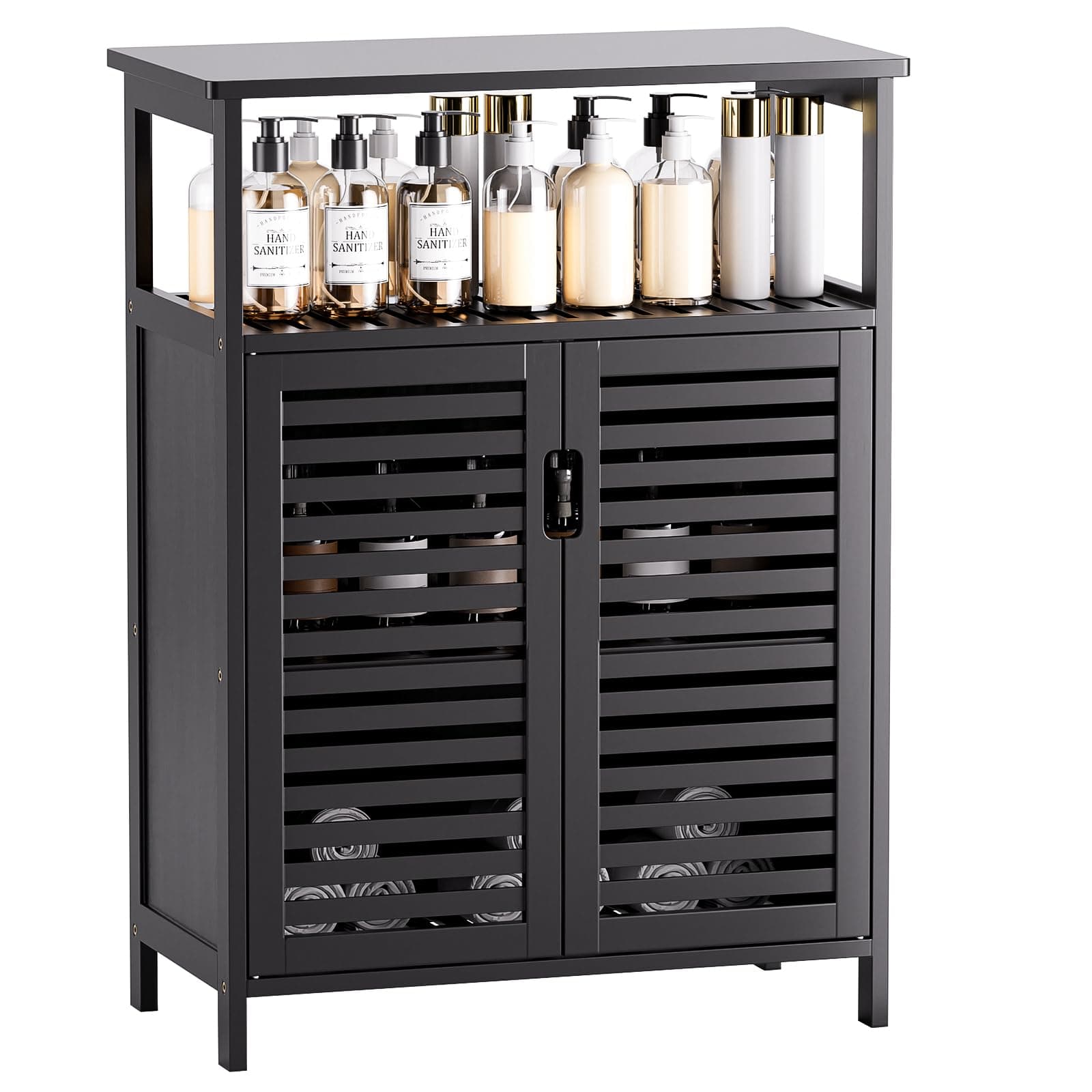 HITNET Bathroom Floor Cabinet, Freestanding Side Storage Organizer, Small Kitchen Pantry Cupboard Bamboo with 2 Doors and Open Shelf, Black