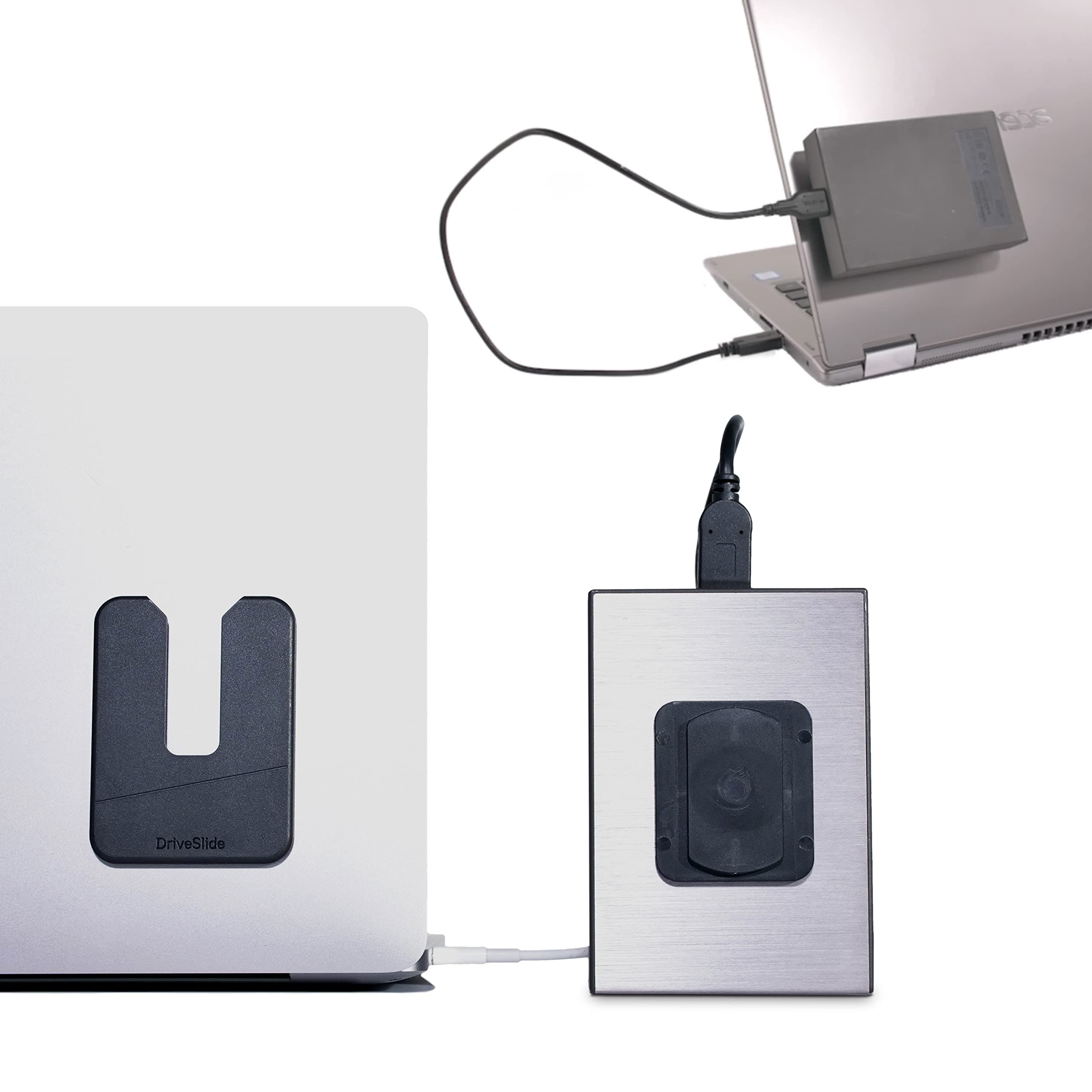 DriveSlide - Aesthetic Portable Computer Mounted External Hard Drive and Hub Holder to Organize Laptop Workspace and Declutter Cable with Lock System