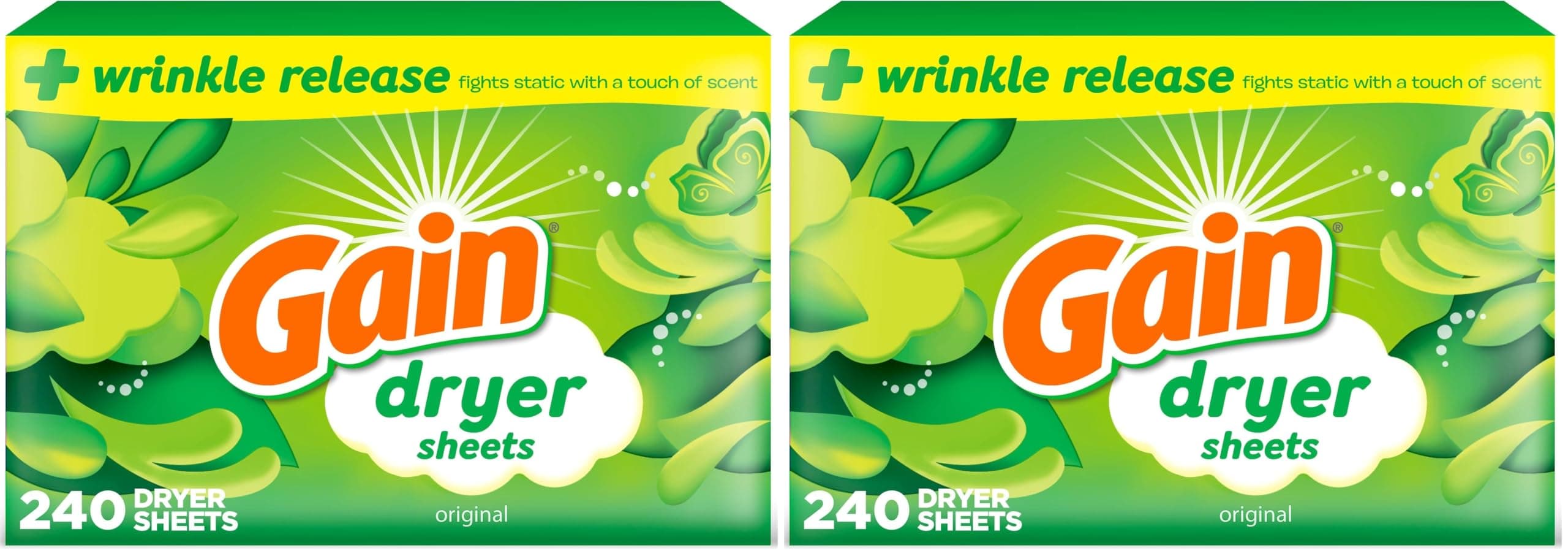 Gain Dryer Sheets Fabric Softener, Original Scent | 240 Count | Pack of 2