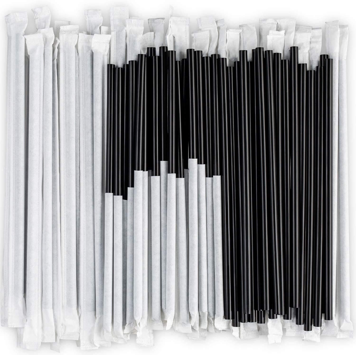 Disposable Plastic Drinking Straws, 24 cm long Individually Wrapped (Black, 250 Pieces)