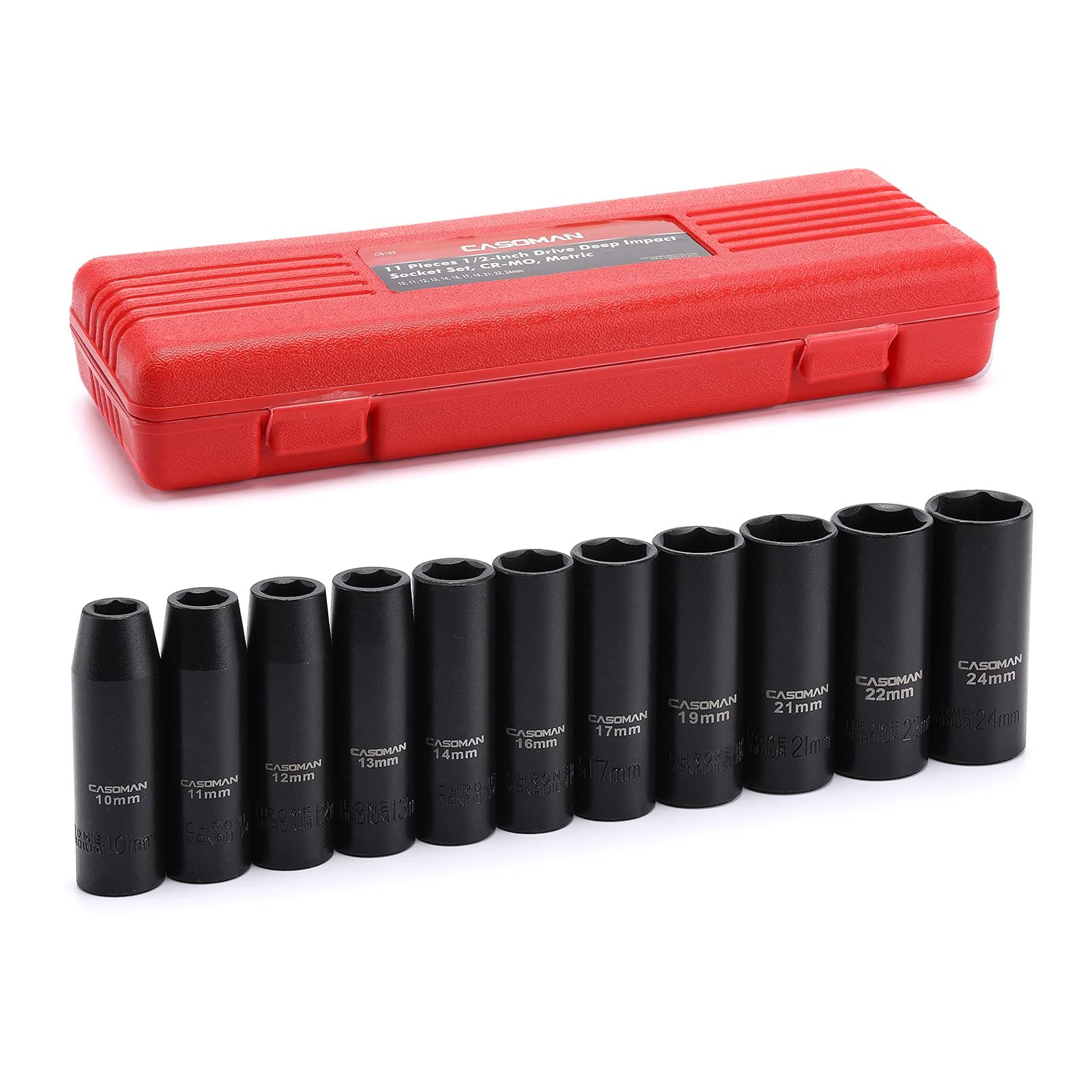 11 Pieces 1/2-Inch Drive Deep Impact Socket Set, 6-Point, Metric, 10mm to 24mm