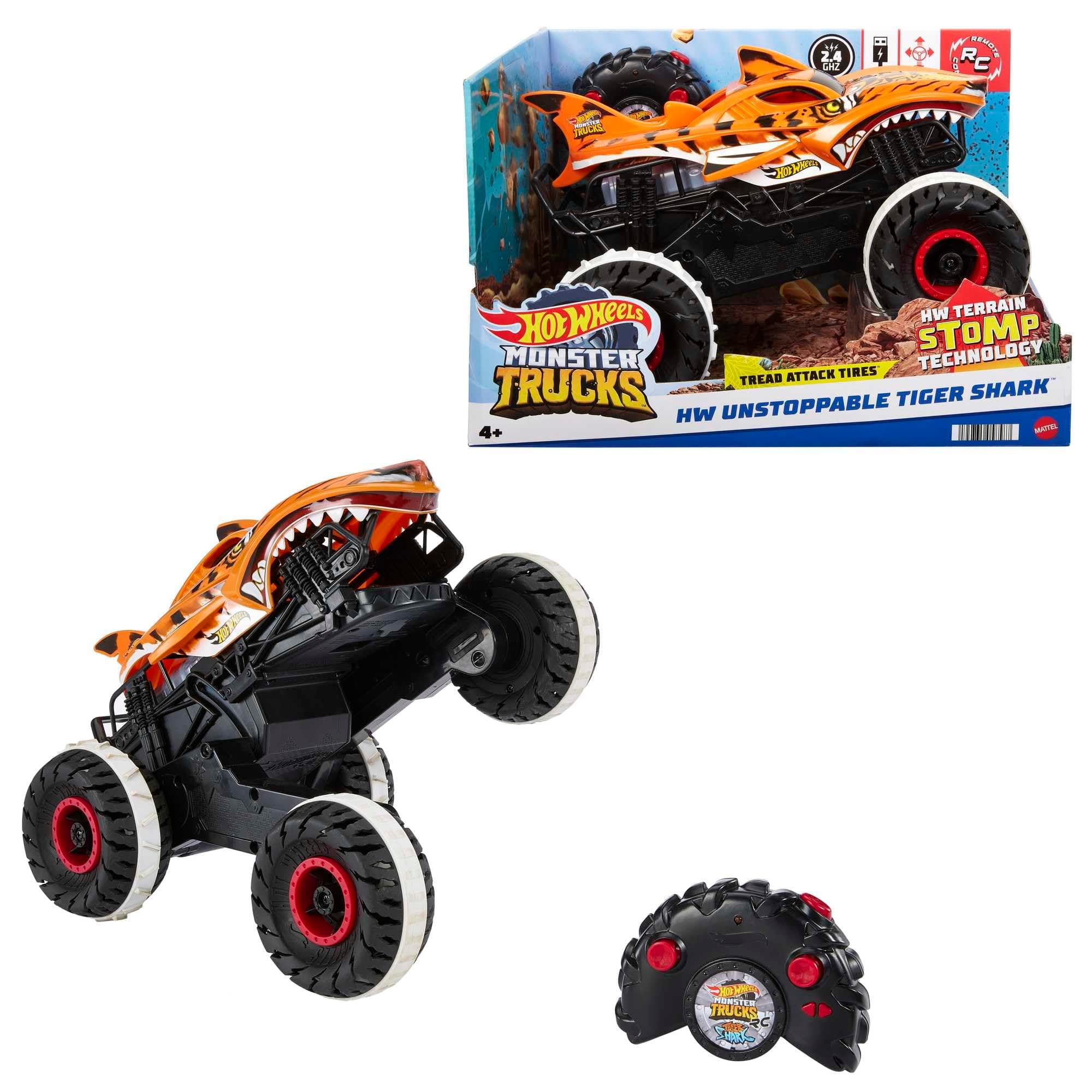 Hot Wheels Monster Trucks, Remote Control Car, 1:15 Scale Tiger Shark RC with All-Terrain Wheels