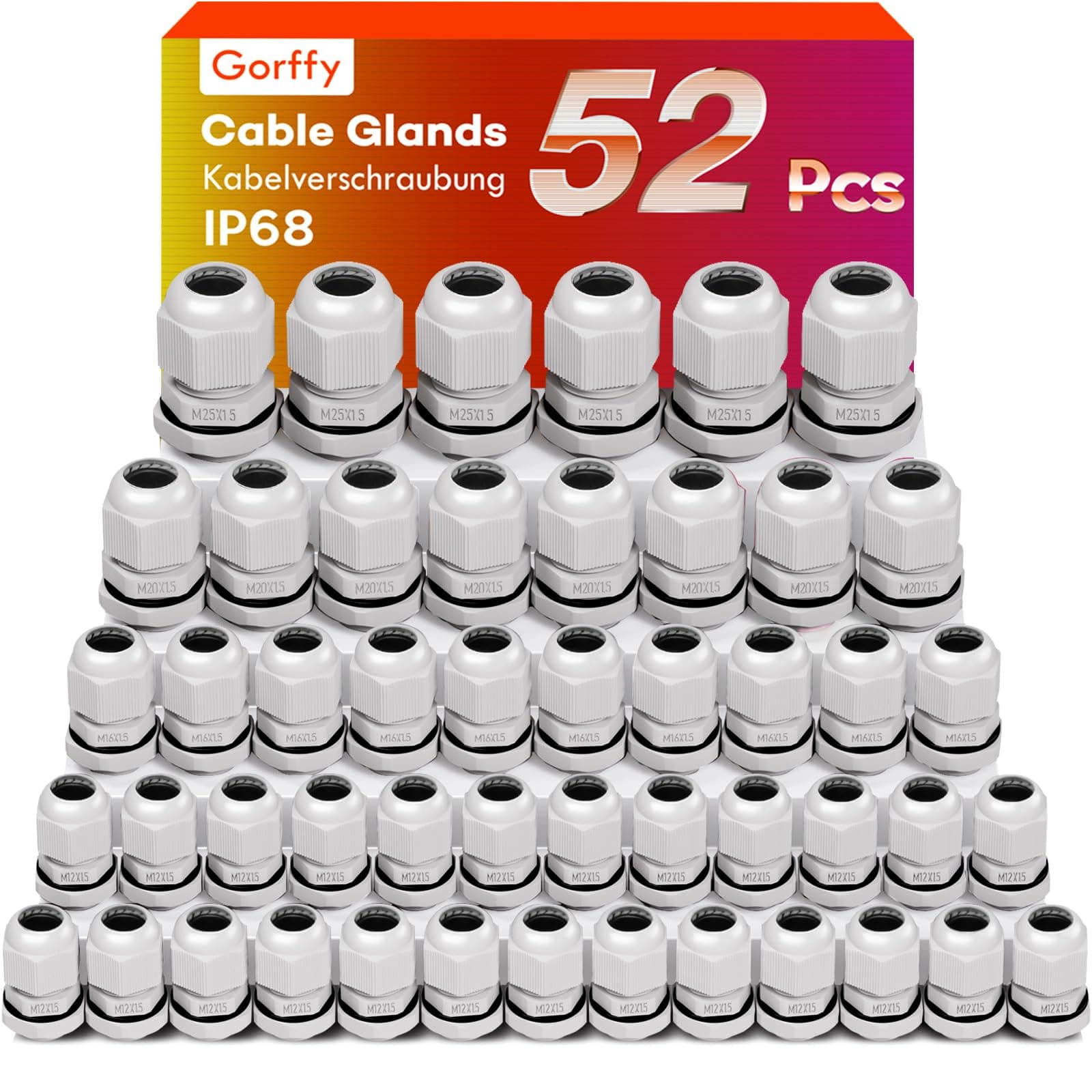 Cable Glands Mixed Set, 40Pcs Waterproof Stuffing Glands M12 M16 M20 M25, 4 Types IP68 Locknut Stuffing Glands for Garden Outdoor, Plastic Nylon Cable Conduit Waterproof Connectors Set