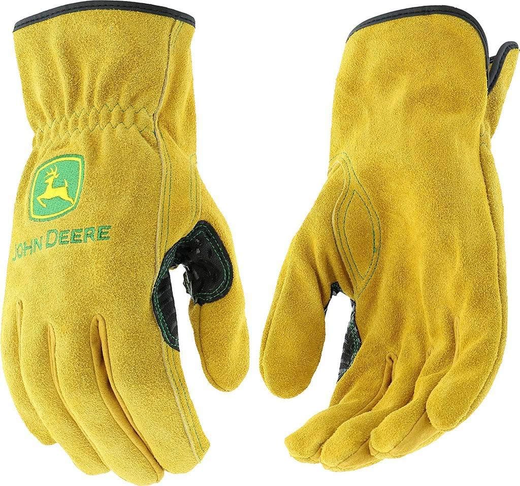 John Deere JD00004 Leather Gloves - X Large Size Split Cowhide Work Gloves with Shirred Elastic Wrist. Hand Protection Wear, Yellow, 2 Count (Pack of 1)