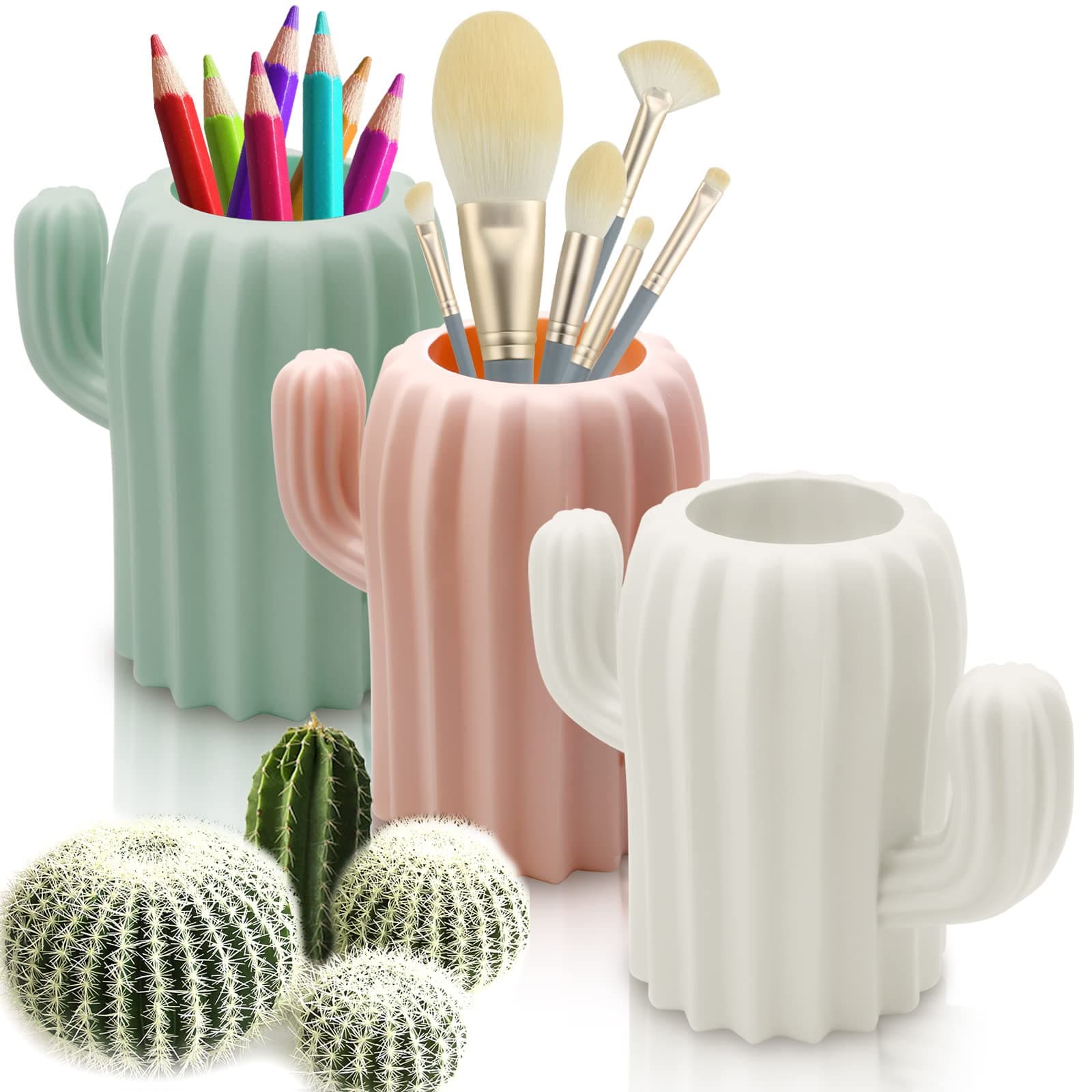 LeonBach3 Pack Cactus Cute Pencil Holders, Pen Cup Cactus Storage Containers Cactus Office Decor Desk Accessories, Pink & White & Green