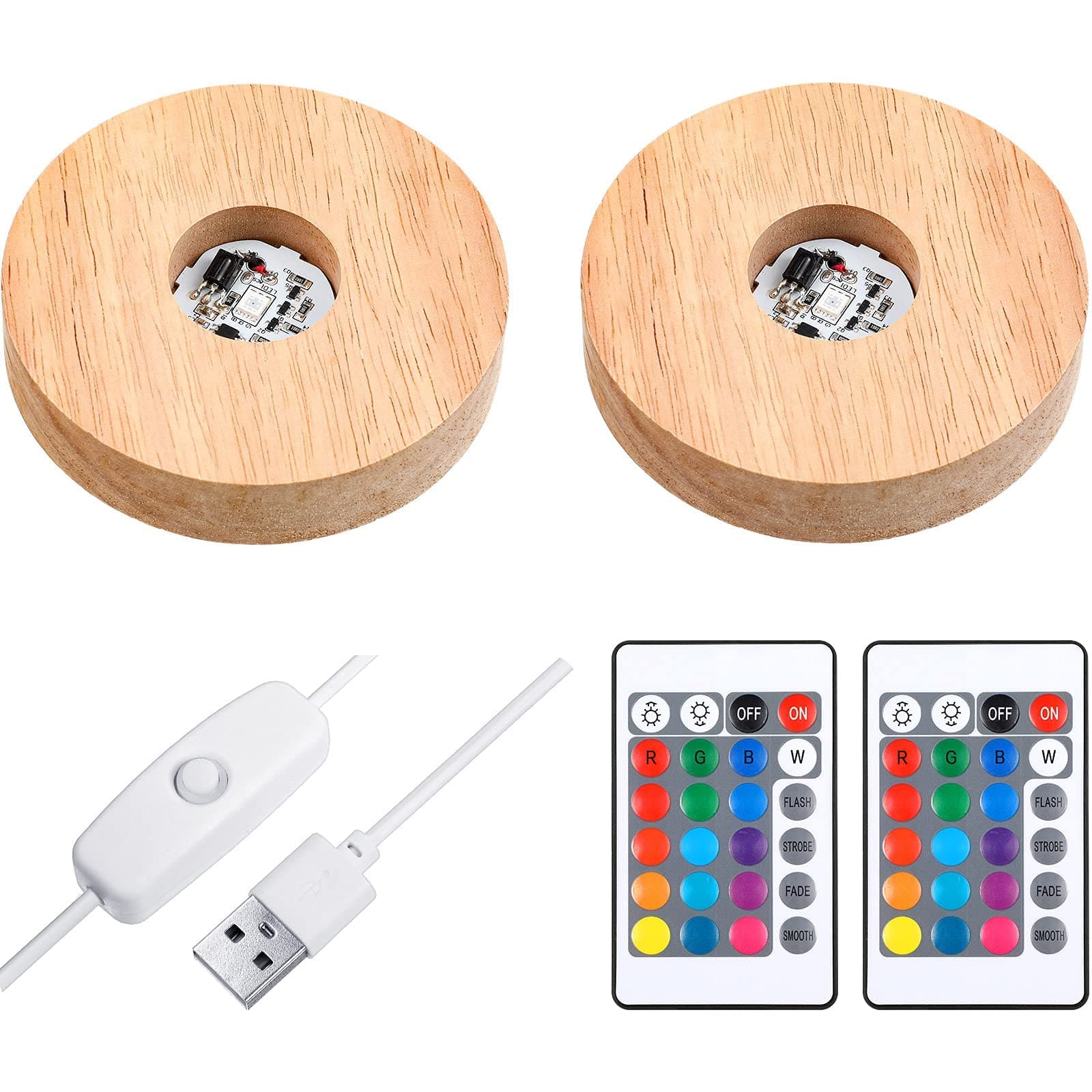 Makingtec Led Light Base Display Lighted Stand, 16 Colored Usb Round Table Wood Crystal Glass Art Centerpiece With Remote Control (2 Pieces Round)