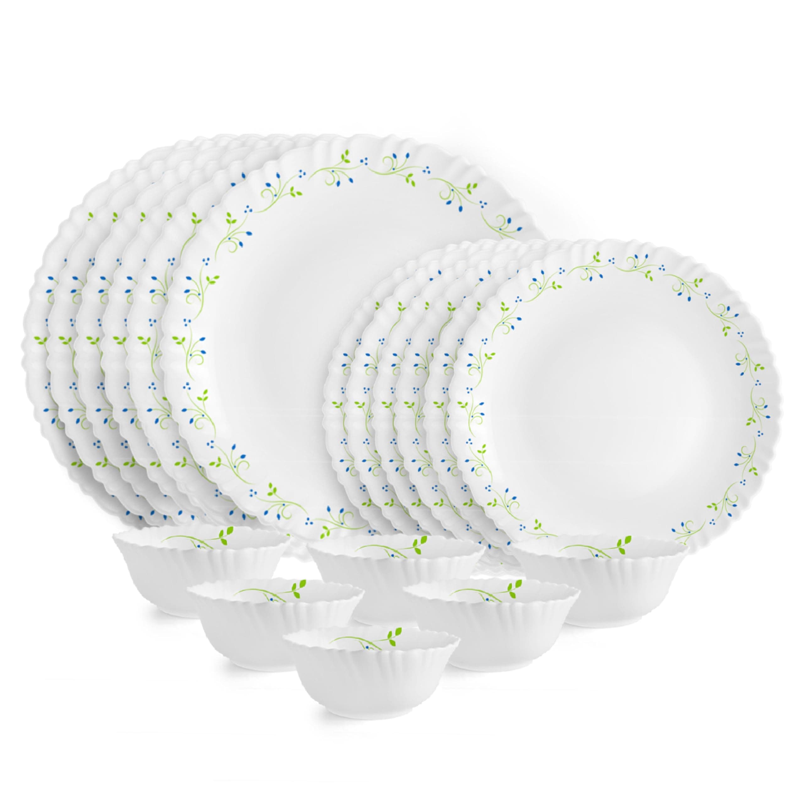 Cello Opalware Dazzle Series Tropical Lagoon Dinner Set, 18Pcs | Opal Glass Dinner Set for 6 | Light-Weight, Daily Use Crockery Set for Dining | White Plate and Bowl Set