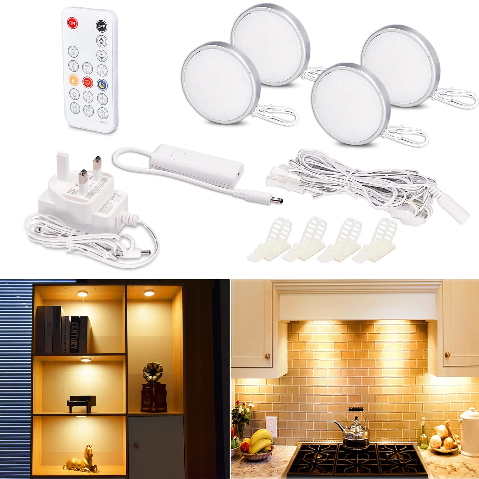Dimmable Under Cabinet Kitchen Lights,LED Counter Lighting with Remote Control,Stick on Light for Under Cupboards,Warm White Puck Lights for Closet,Shelf,Bookcase,4pack