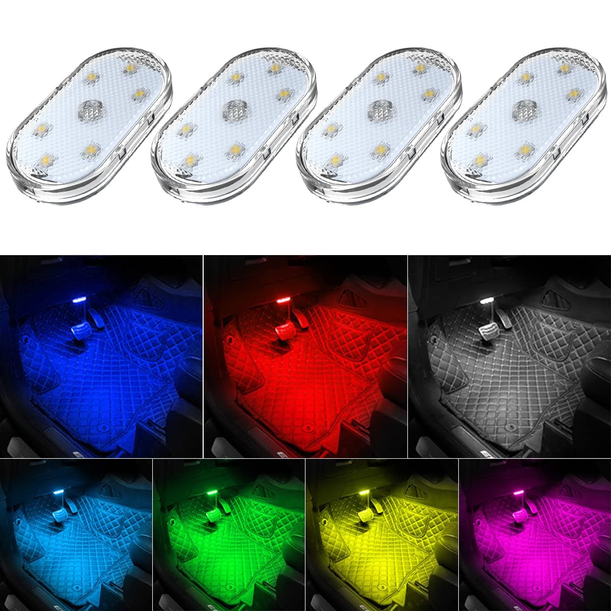 TEKSHINNY 4Pcs Car LED Lights Interior Wireless, 7 Colors Interior Car Lights with 6 Bright LED Lamp Beads, Portable USB Rechargeable Car Interior Led Night Light for Car Decor