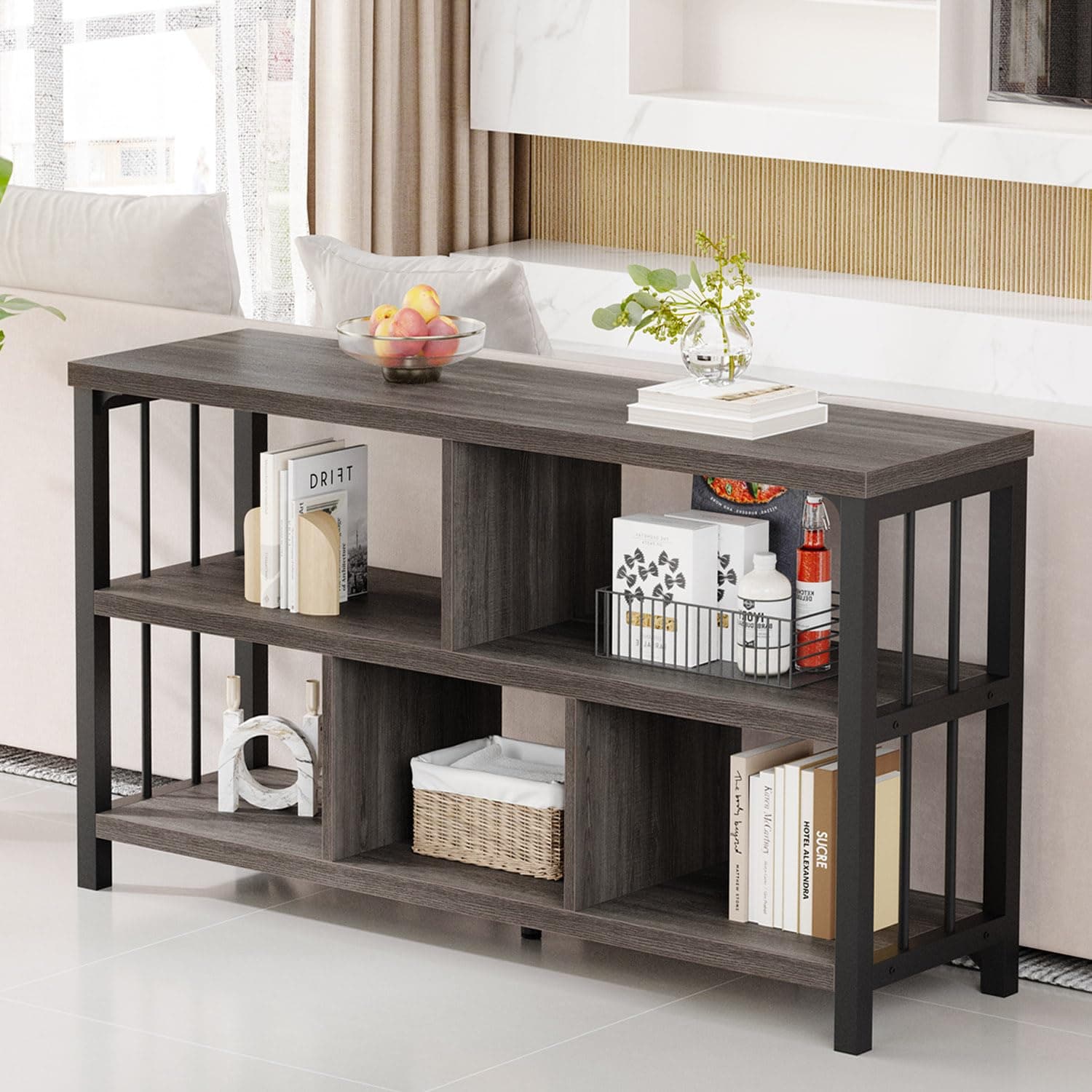 IBF Industrial 5 Cube Storage Organizer Bookshelf, Rustic Low Horizontal Book Shelf, Metal and Wood Cube Bookcase for Bedroom, Modern Wide Cubby Shelf for Living Room Home Office, Dark Grey Oak, 47 In