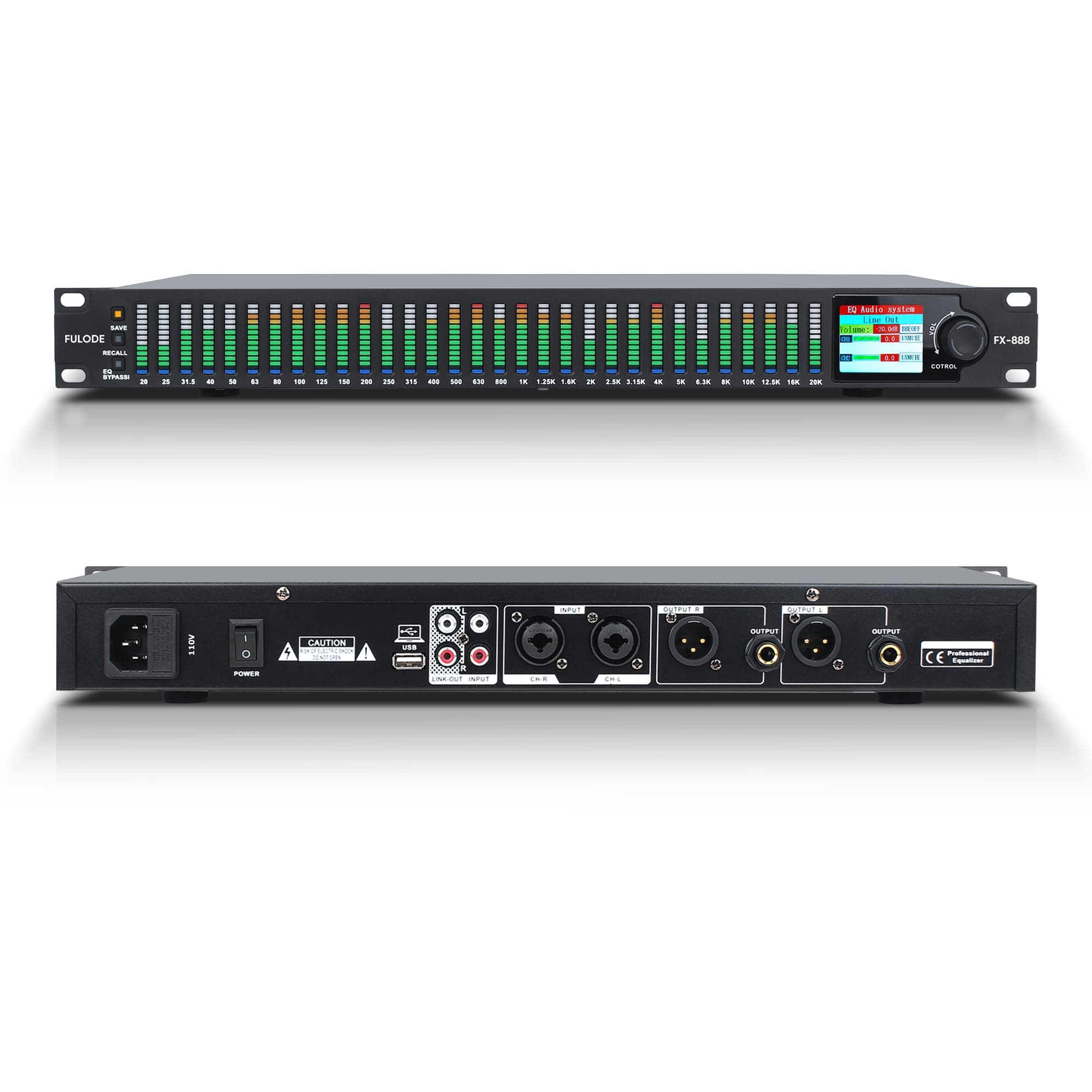 FX-888 Dual Channel Synchronous Control 31 Band Digital Equalizer Stereographic EQ Noise Reduction Each Segment LED Spectrum Display Control Content Display Large Screen