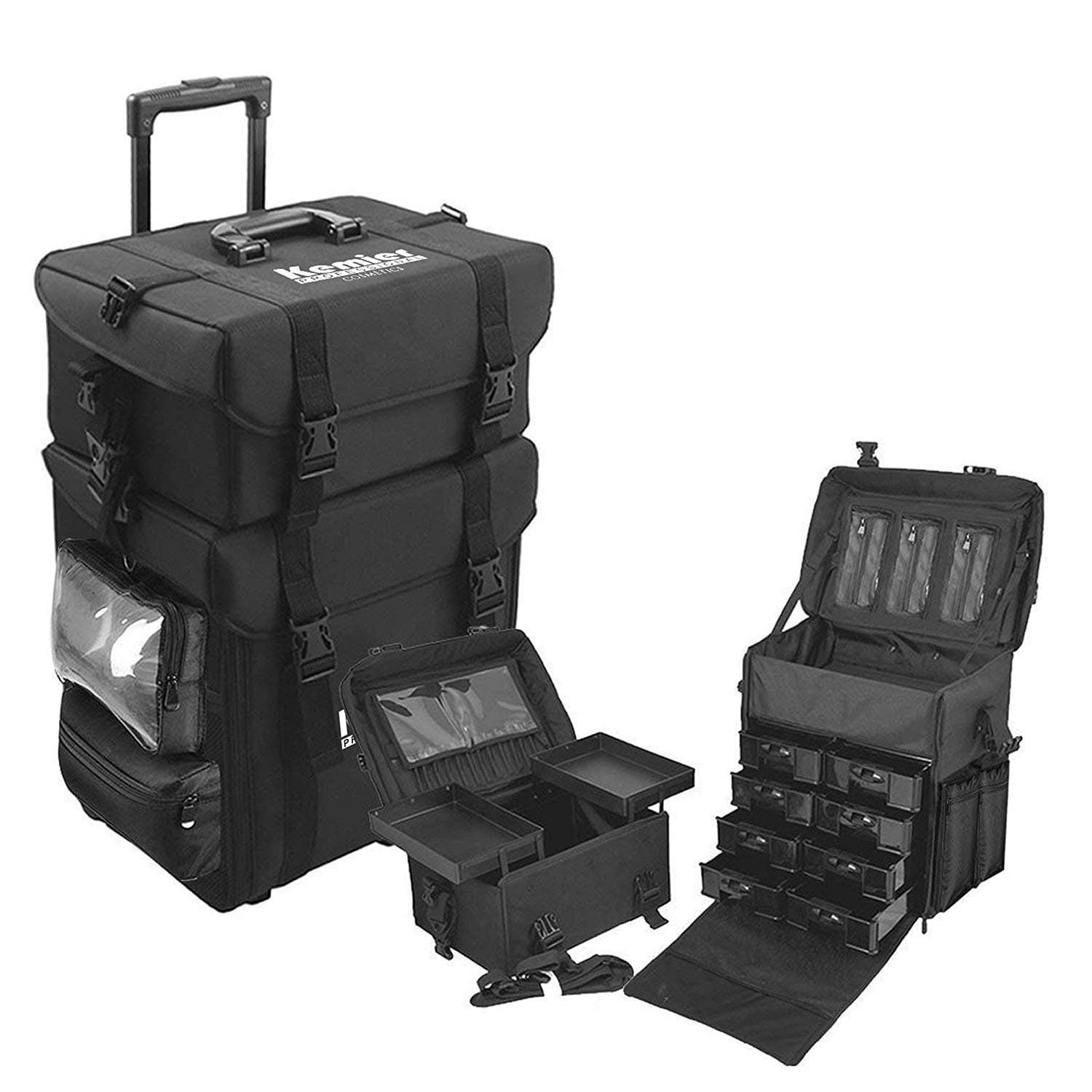 Kemier studio makeup case Omni-directional wheels 2 in 1 Professional Soft Sided,Removable,Artist Rolling Makeup Train Case,Cosmetic Organizer w/Storage Drawers