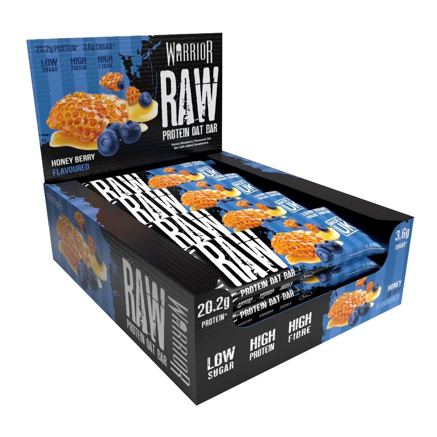 Raw Protein Bars – 20g Protein Per Bar – High Protein Snack Bars Multipack (12 or 24 Bars, 75g Each) – Low Sugar, High Fibre Breakfast & Meal Replacement Bar – Honey Berry Flapjack