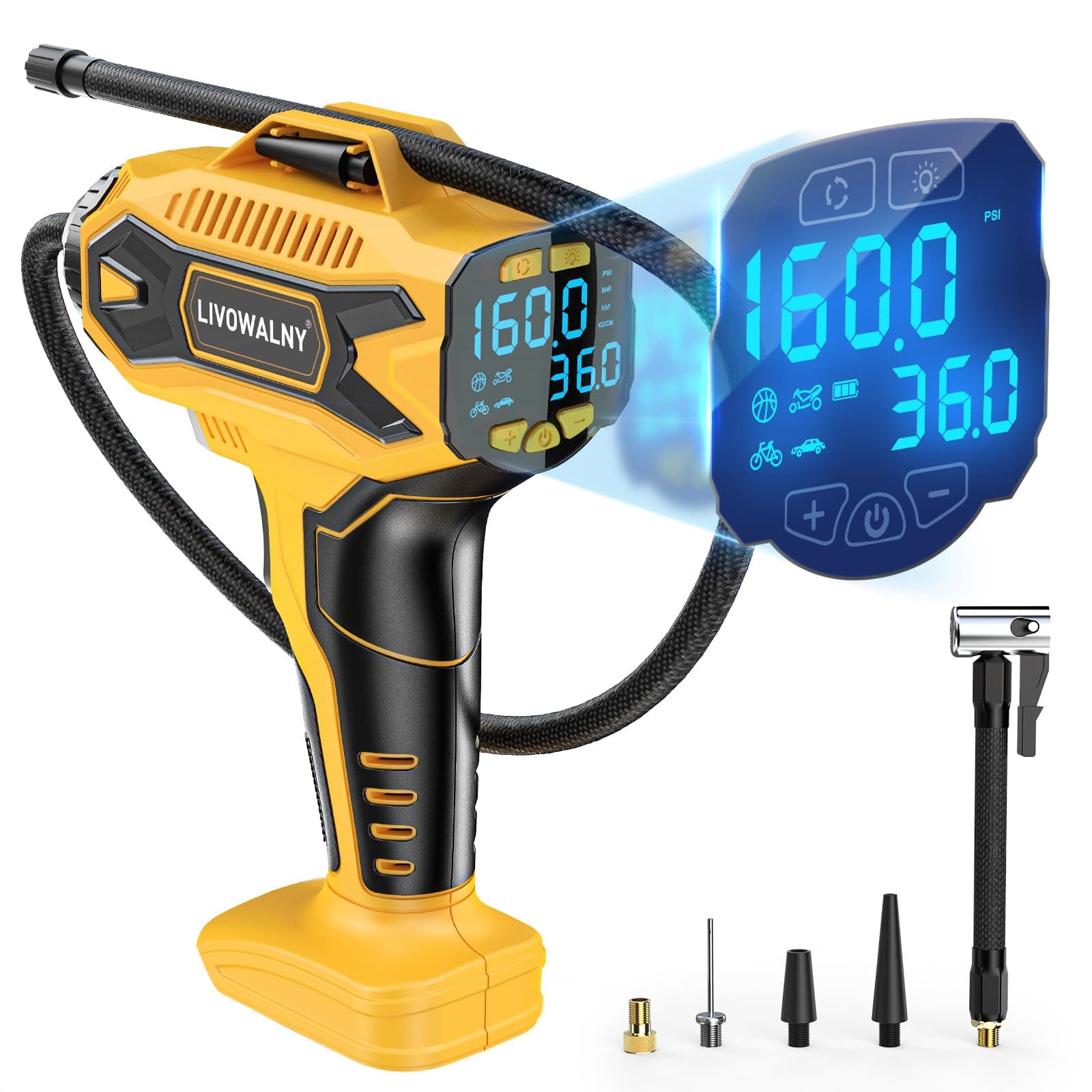 Tire Inflator Air Compressor Compatible with DeWalt 20v Max Battery Power,160PSI Cordless Portable Electric Air Pump (Yellow)