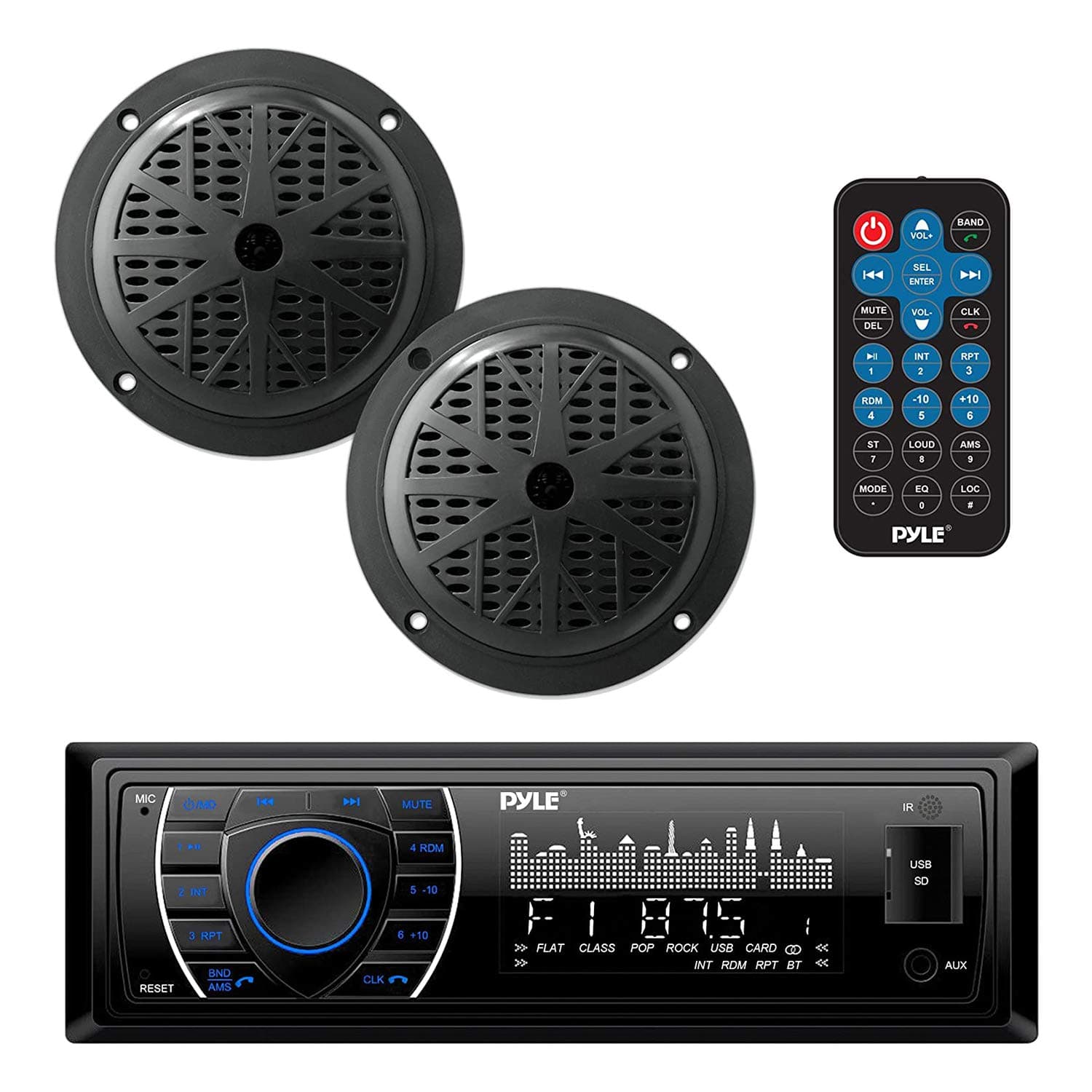 Marine Headunit Receiver Speaker Kit - In-Dash LCD Digital Stereo Built-in Bluetooth & Microphone w/AM FM Radio System 5.25’’ Waterproof Speakers (2) MP3/SD Readers & Remote Control - PLMRKT46BK