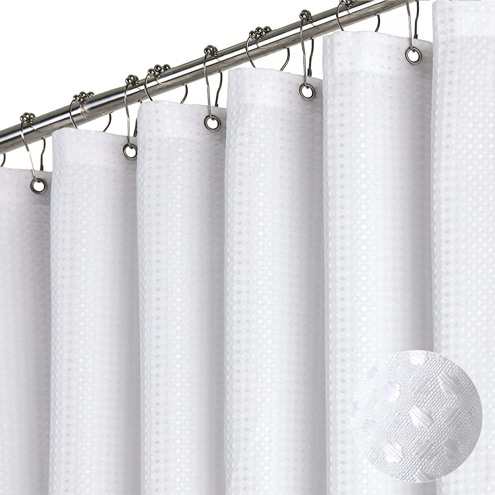 White Fabric Shower Curtain, Waffle Weave Heavy Duty Hotel Luxury Cloth Shower Curtains for Bathroom, 72 Inch 256GSM Weighted Bath Curtain Set with 12 Plastic Hooks,72x72