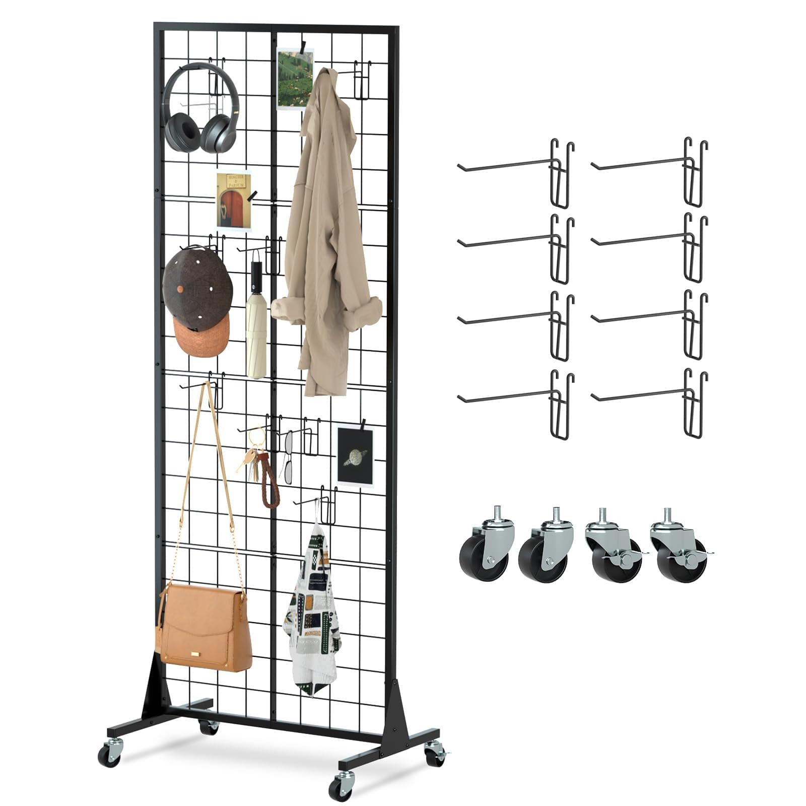 Urban Deco Gridwall Rack Panels with wheels – Wreath Display with Durable Grid Walls Panels - Metal Grids Standing Wire Rack - for Retail Art Fair Show (Black Finish)-1 Set
