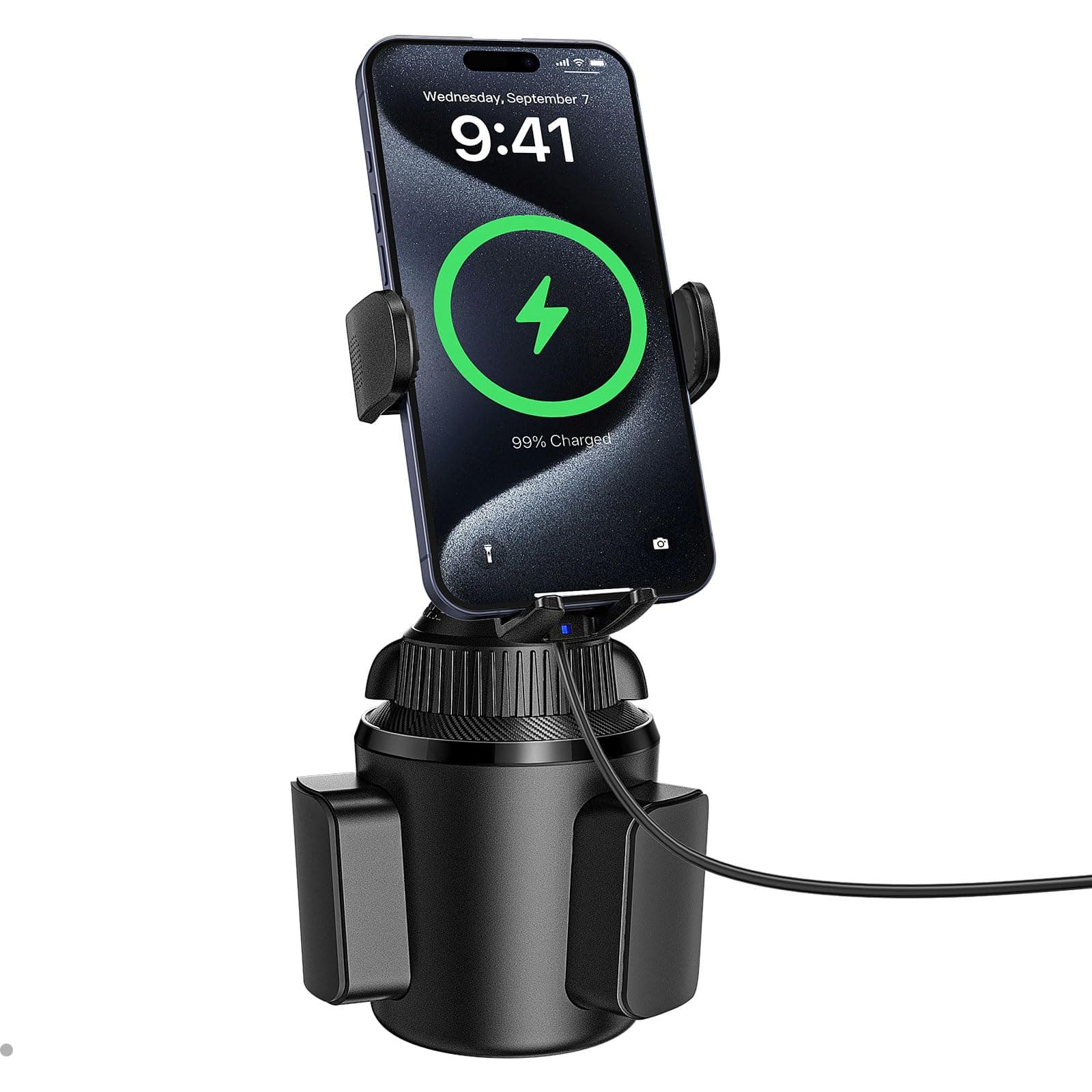 APPS2Car 15W Qi Wireless Car Charger Solid Cup Holder Mount, Adjustable Long Arm & 360° Rotation, Fits 3"–4" Round Cup Holders, Works with Cases ≤ 4 mm (No Metal Attachments)