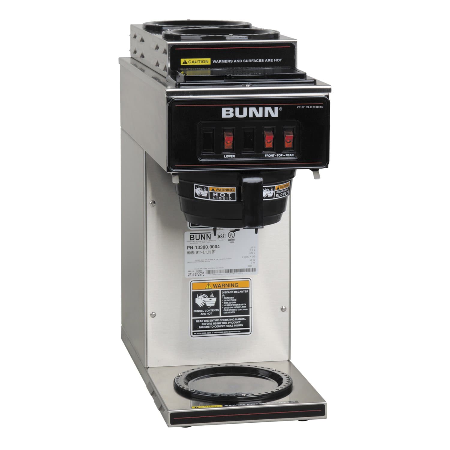 13300.0004 VP17-3SS2U Pourover Commercial Coffee Brewer with One Lower and Two Upper Warmers, Stainless Steel