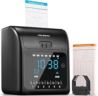 Volcora Time Clock for Employees with 50 Time Cards, 1 Ink Ribbon, Punch Time Clocks Machine for Small Business with Backup Battery, No Key and Network Need, Time Card Machine for Office, Retail