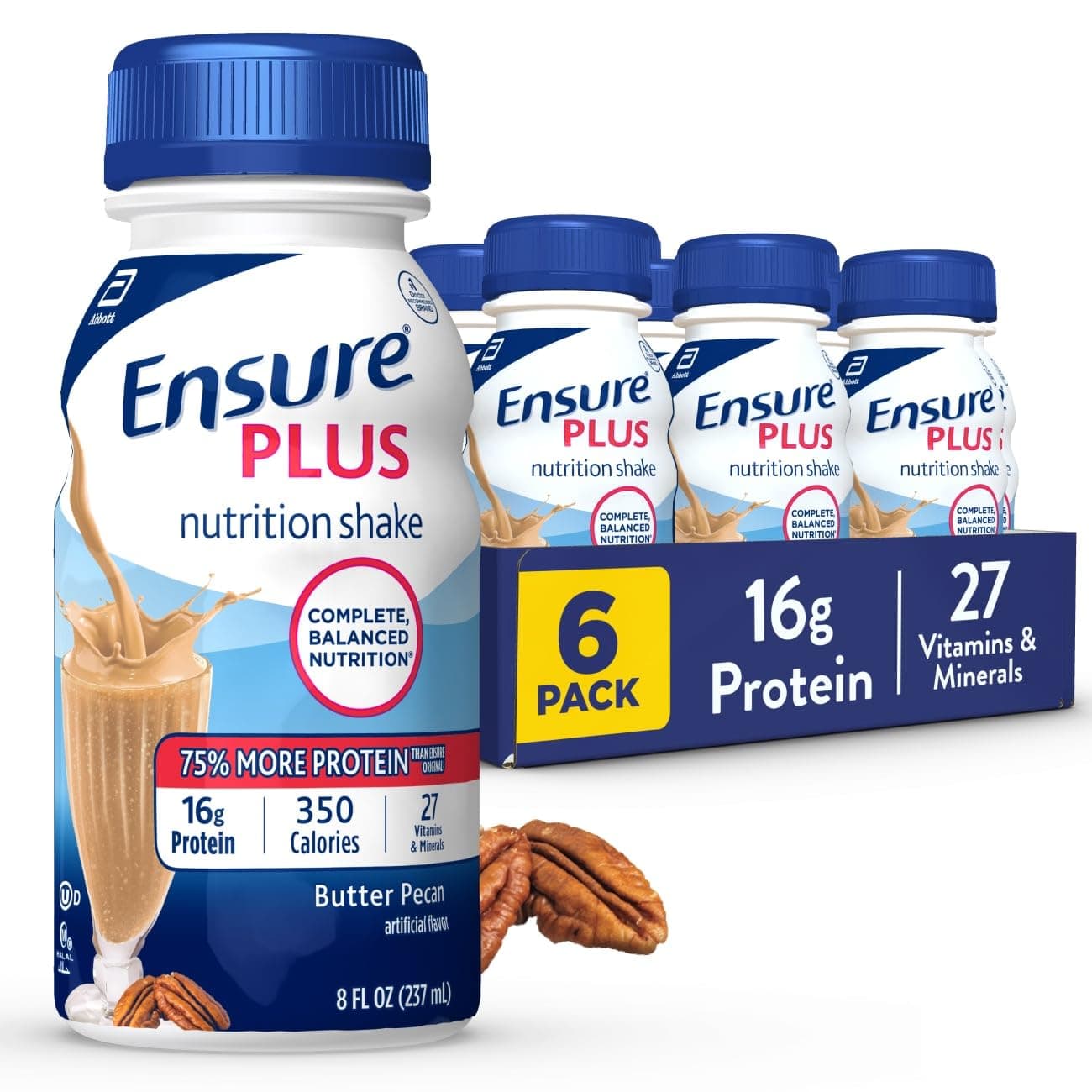 Plus Butter Pecan Nutrition Shake | Meal Replacement Shake | Ready To Drink | 16g Protein and 27 Vitamins and Minerals | 8 fl oz - 6 Pack