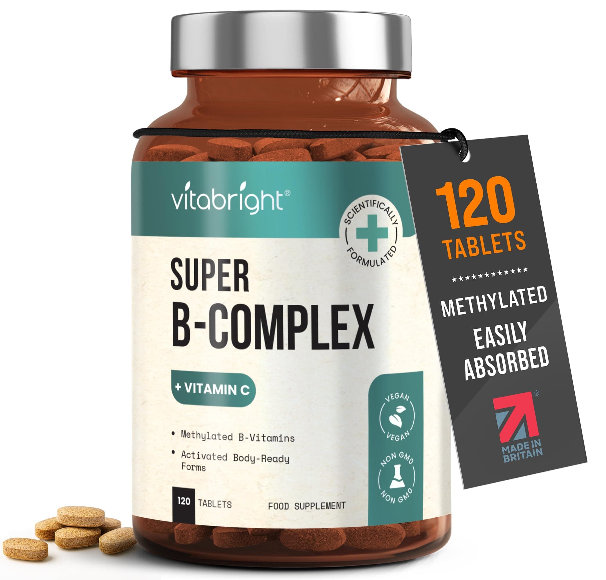 Vitamin B Complex High Strength Methylated B Vitamins | B6 Vitamins with Folate & B12 Supplements | Complete Complex with 12 Active Nutrients | Not Liquid Drops Or Spray | Vitabright