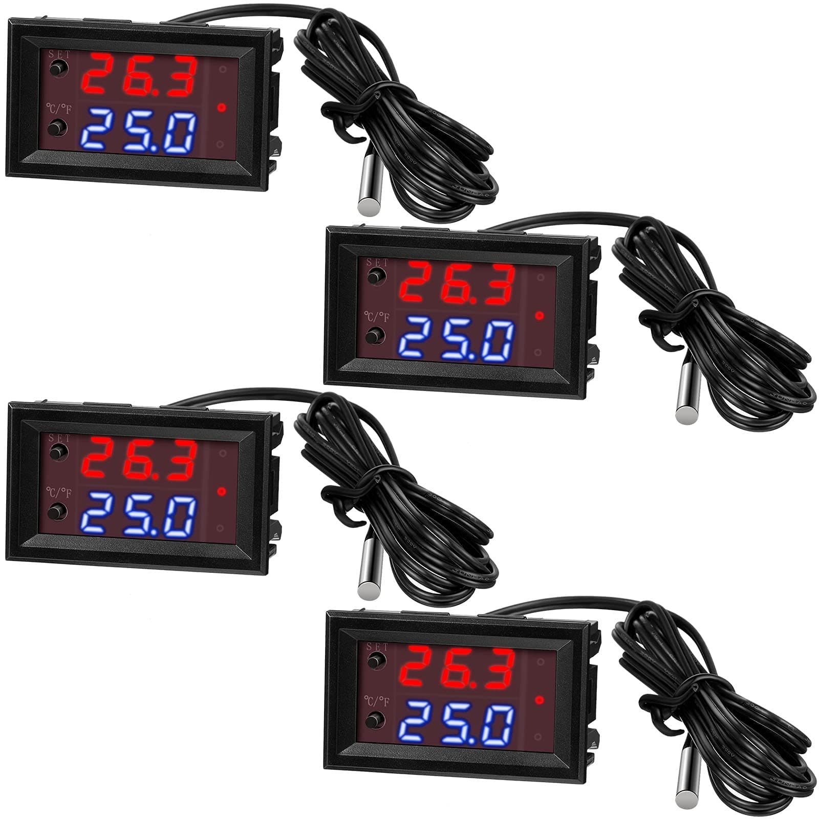 4 Pieces 12V Electronic Temperature Controller Programmable -50 to 110 Degree Celsius Heating/Cooling Thermostat Control Switch Module Ntc Waterproof Sensor Probe Dual Color LED Display Monitor