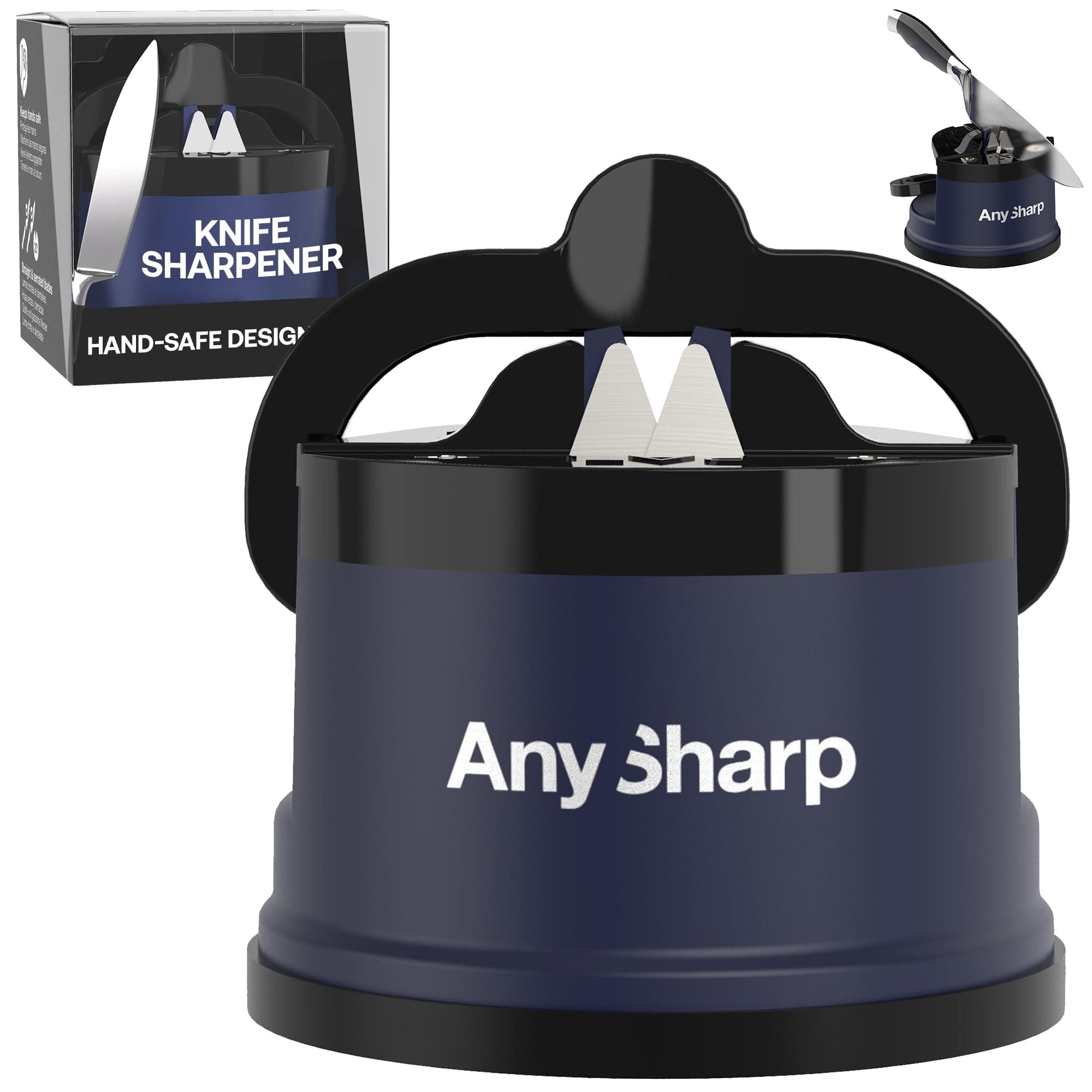 Editions – Hands Free Knife Sharpener - Easy to Use Sharpening Tool with PowerGrip Suction Base and 20-Degree Pre-Set Angle - for All Knives: Chef's, Serrated, and Hardened Steel - Navy