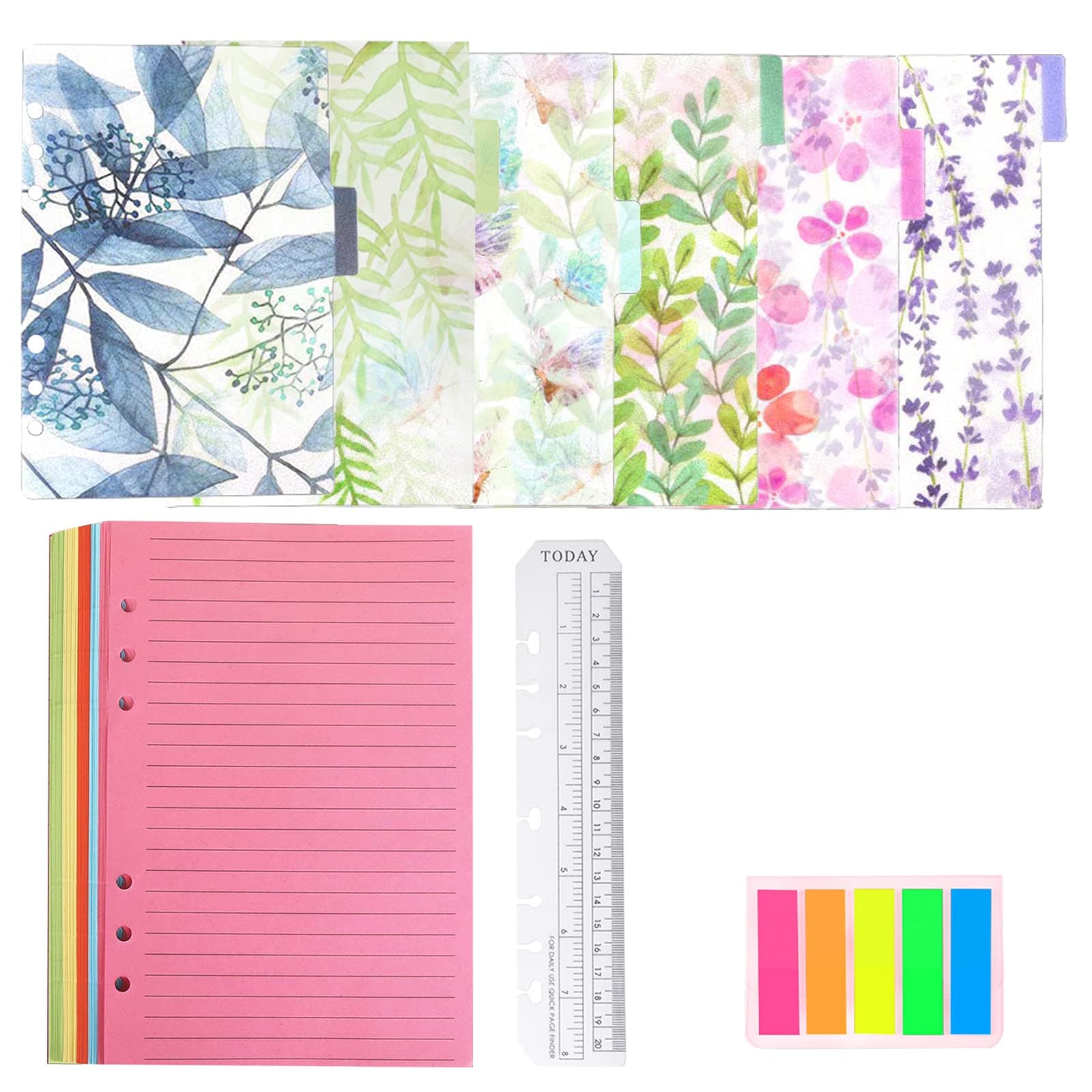 QincLingRefillable A5 Notebook Set School Supplies,1 Pack 50 Sheets 6 Holes Loose-Leaf Lined Refill Paper, 6 PCS PVC Binder Index Dividers Subject Dividers, Ruler And 125 Pcs Note Flags Index Tabs
