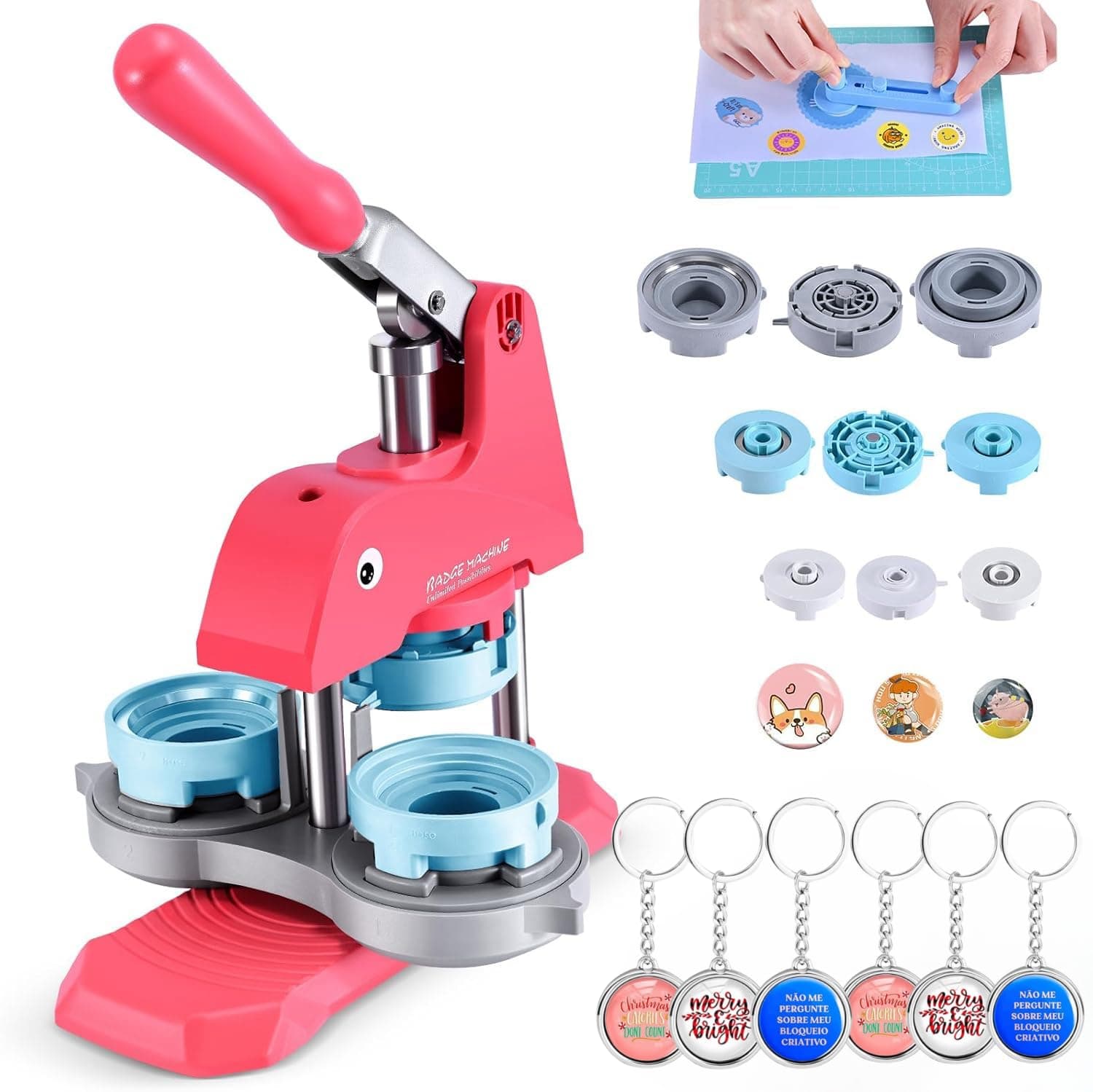 50 Set Keychain Button + 300 Set Metal Pinback Button, 1''/1.25''/2.25'' Button Press Pin Maker Machine Kit with Button Making Supplies