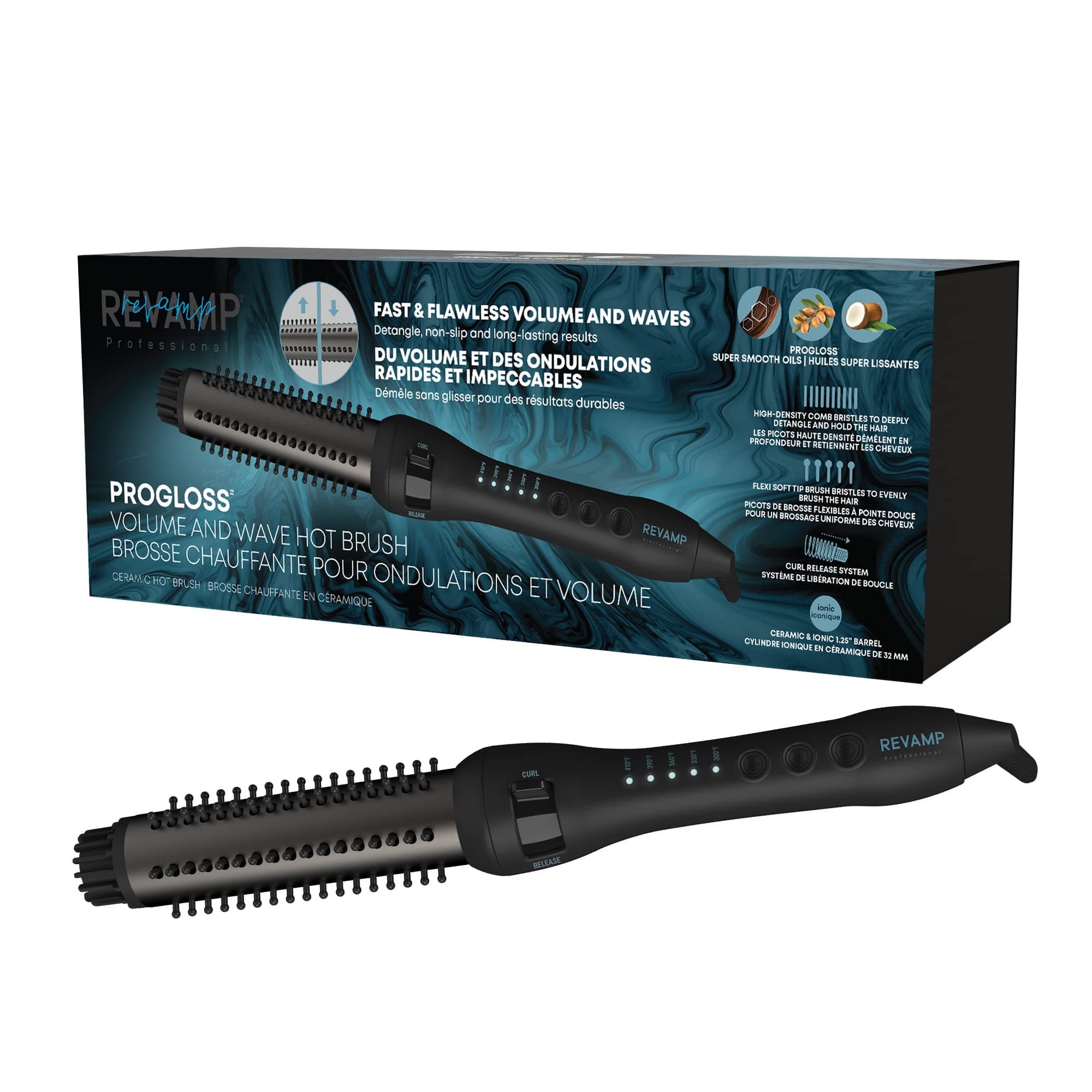Revamp Progloss Volume & Wave Ceramic Hot Brush, Retractable 1.25” Bristles, Cool Tip, Frizz-Free, Progloss Super Smooth Oils, Ultra-Fast Heat Up and Recovery, Auto-Shut Off, 9’ Salon Swivel Cable