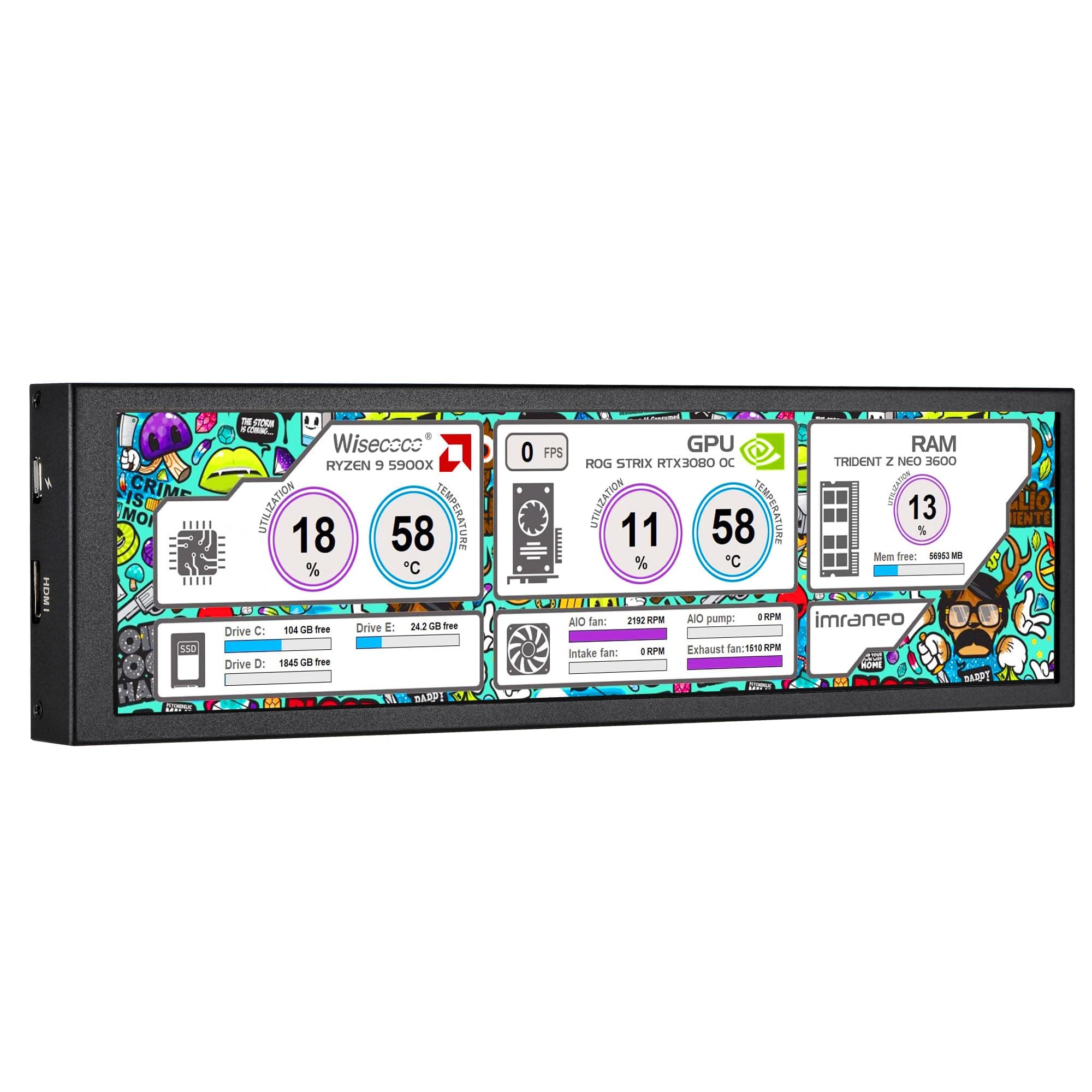 wisecoco 8.8 Inch Computer Secondary Screen CPU Temperature Monitor with Casing FHD IPS 1920x480 LCD Display for Computer Case Temperature Windows Aida64 CPU GPU Monitor