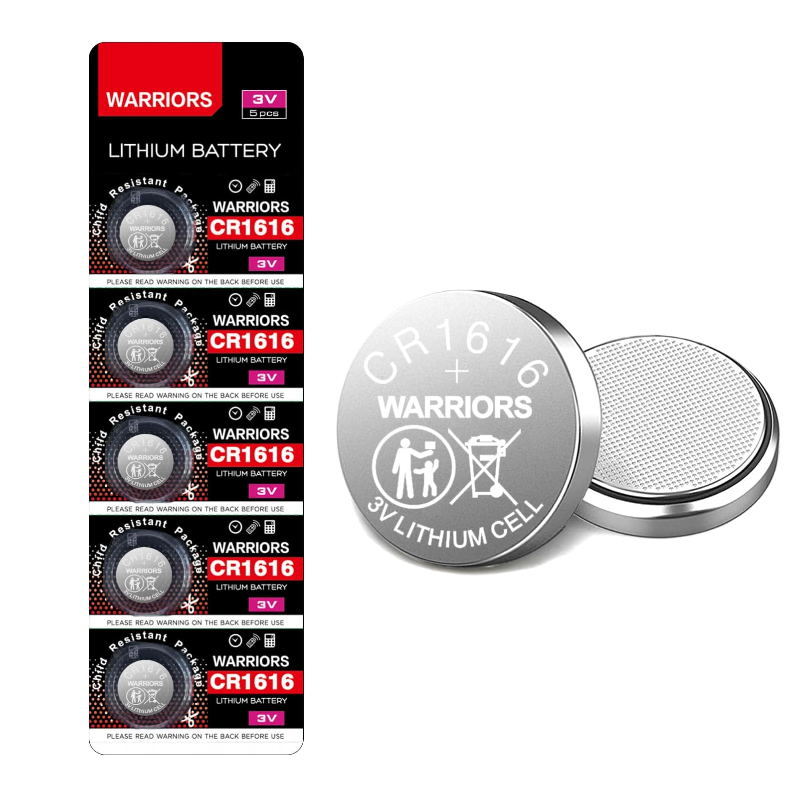 Warriors 5X 1616 CR1616 Coin Button Cell 3V 3 Volt Lithium Batteries Battery 5X Child Resistance Safety Package Retail Pack