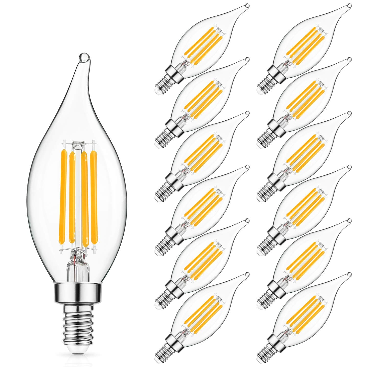 E12 LED Candelabra Bulb 60W Equivalent Dimmable LED Chandelier Light Bulbs 6W, 2700K Warm White, 600LM CA11 Flame Tip Vintage LED Filament Candle Bulb with Decorative Candelabra Base, 12-Pack