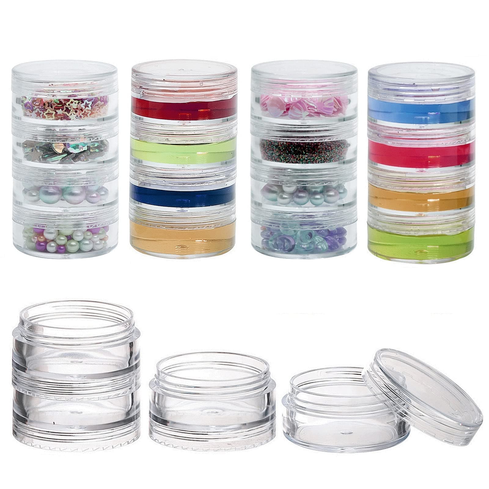BTYMS 5 Pack(20 Pieces) Stackable Cosmetic Containers with Screw Lids and Labels,10 Grams Clear Plastic Jars Small Makeup Sample Containers for Beauty Products