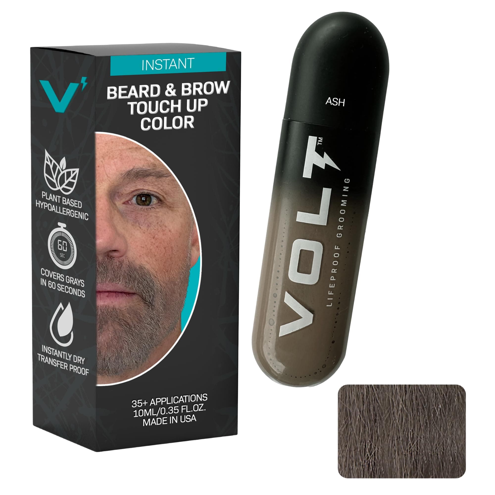 VOLT Grooming Instant Beard Color Single Pack - Quick Drying Plant Based Hypoallergenic Brush on Color for Beards, Mustaches, and Eyebrows - 0.35 Fl Oz (10 ml), Ash (Gray/Brown)