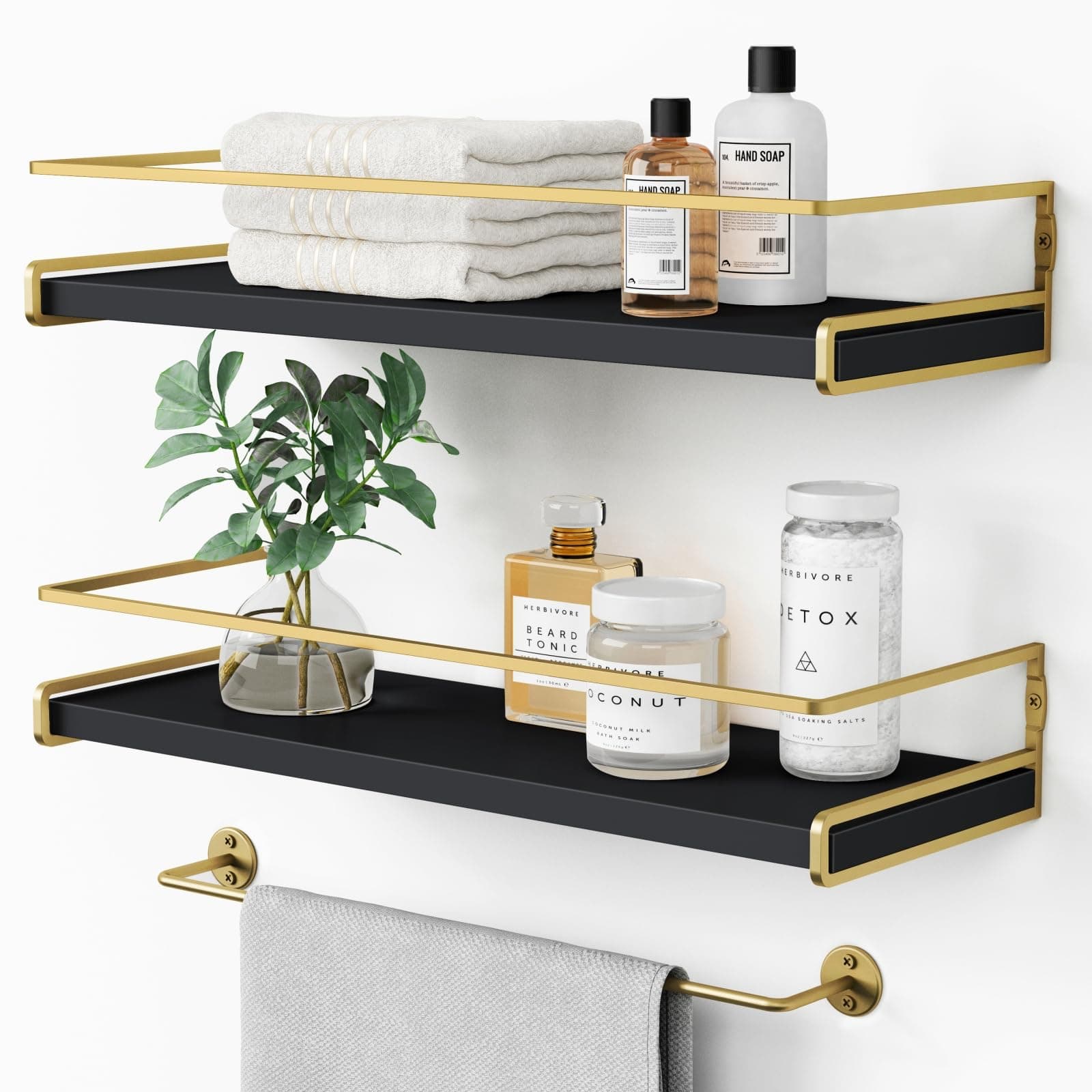 Forbena Black and Gold Bathroom Floating Shelves for Wall, Decorative Wall Mounted Shelves for Kitchen Coffee Bar Station Organizers and Storage, Hanging Shelving Unit for Bedroom Living Room (2-Pack)
