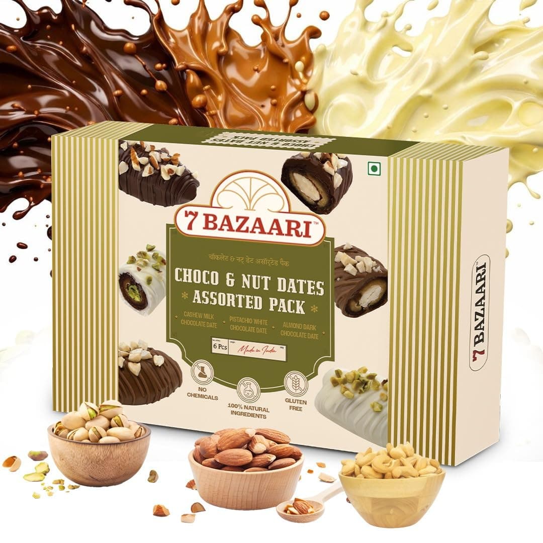 Premium Choco & Nut Dates - Gluten Free, Natural Ingredients - Assorted Almond Dark Chocolate, Cashew Milk Chocolate- 6pcs (Pack of 1)