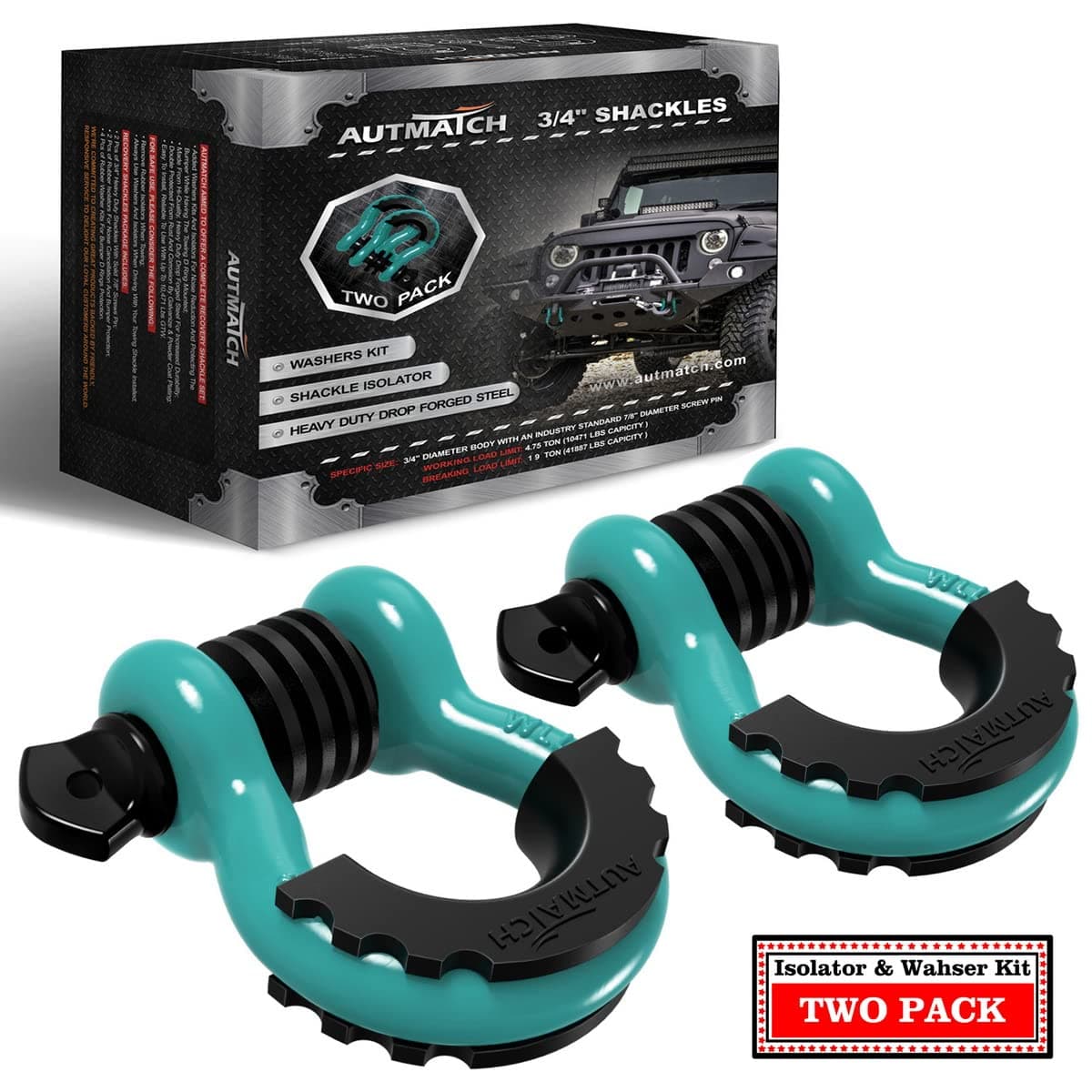 AUTMATCHD Ring Shackle 3/4" Shackles (2 Pack) 41,887Ibs Break Strength with 7/8" Screw Pin and Shackle Isolator Washers Kit for Tow Strap Winch Off Road Vehicle Recovery Teal & Black