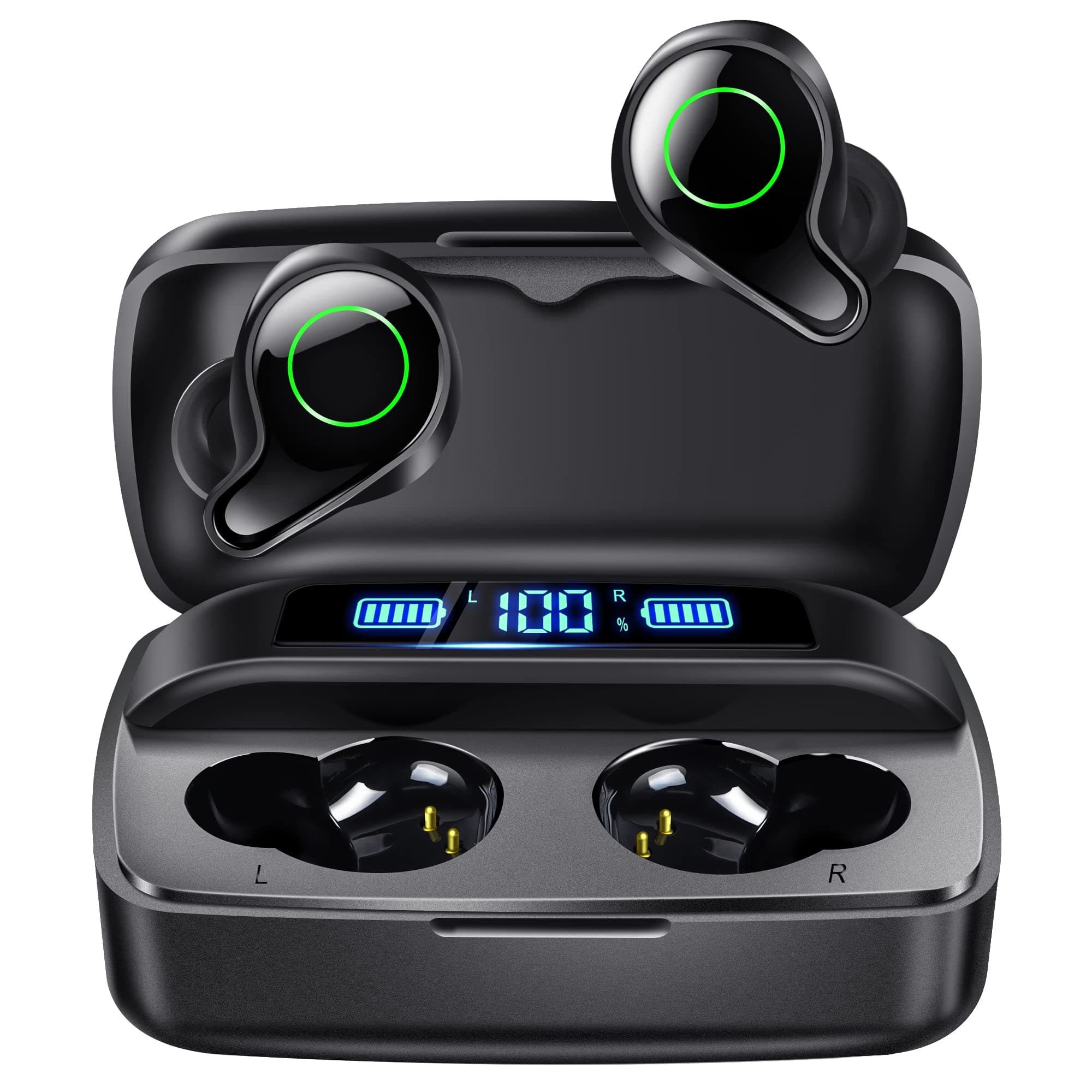 Wireless Earbuds, Bluetooth 5.0 Ear Buds 156hr Playtime, in-Ear Headphones with Mic Stereo IPX7 Waterproof Fast Charging Earphones with USB-C LCD Charging Case for iPhone Android