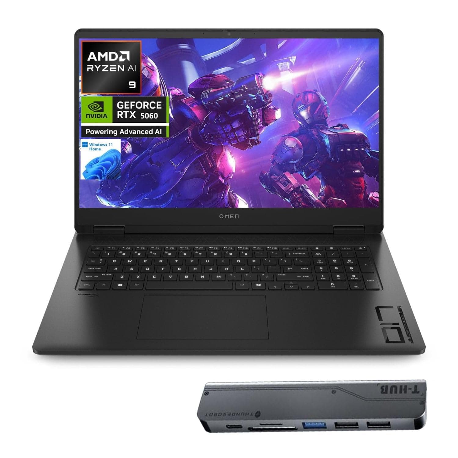 HP OMEN 17.3" RTX 5060 AI Gaming Laptop, FHD IPS 144Hz, AMD Ryzen AI 9 365(Beats Intel i9), 16GB DDR5 RAM, 1TB SSD, RGB Backlit KB, Low Blue Light, Bundle with Thunderobot 7 in-1 USB-C Hub