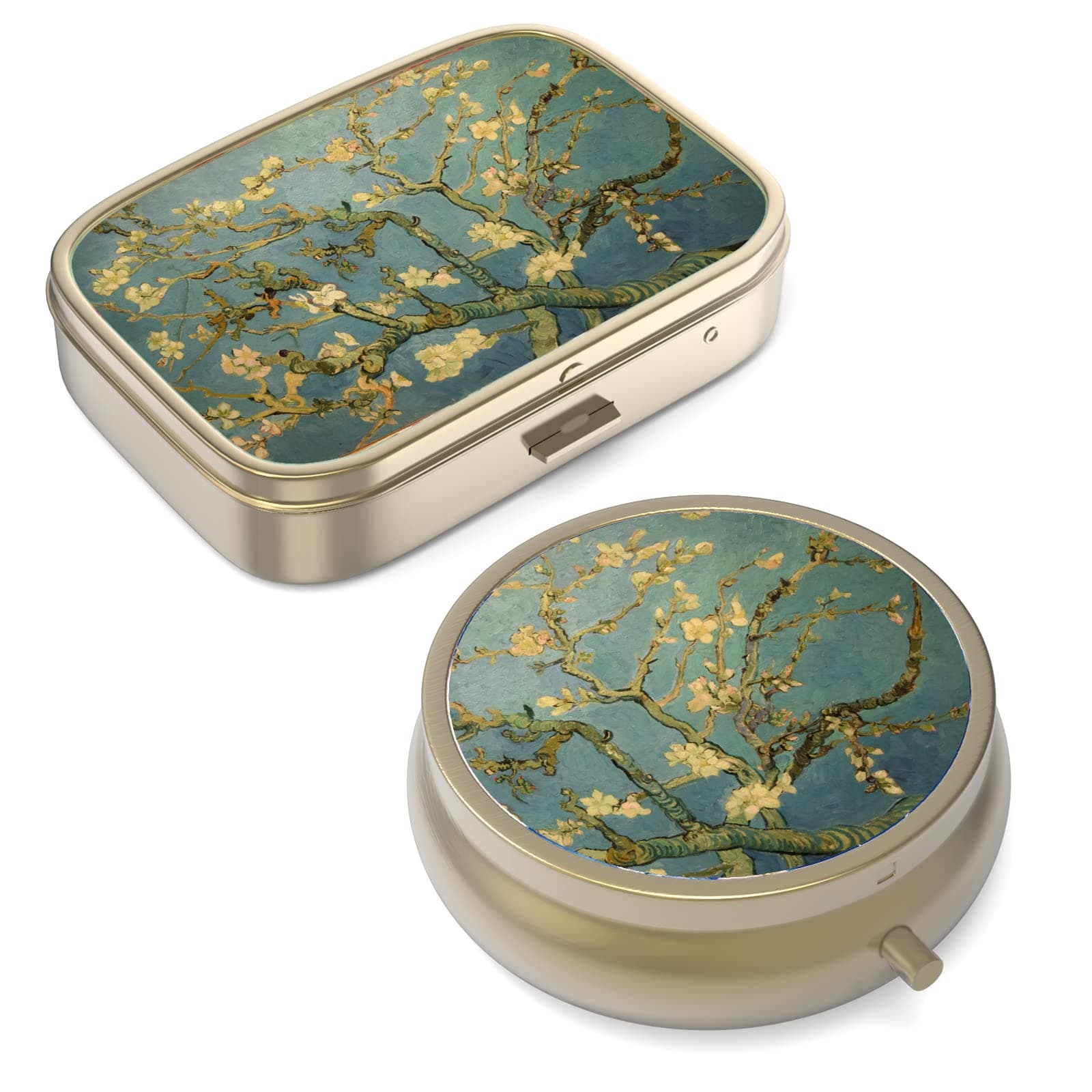 Pill Case Pill Box with Mirror Retro Small Pill Case for Purse or Pocket Bronze Pill Box or Vitamins, Fish Oil, Supplements, Pill Containe Travel Gifts(2PCS)