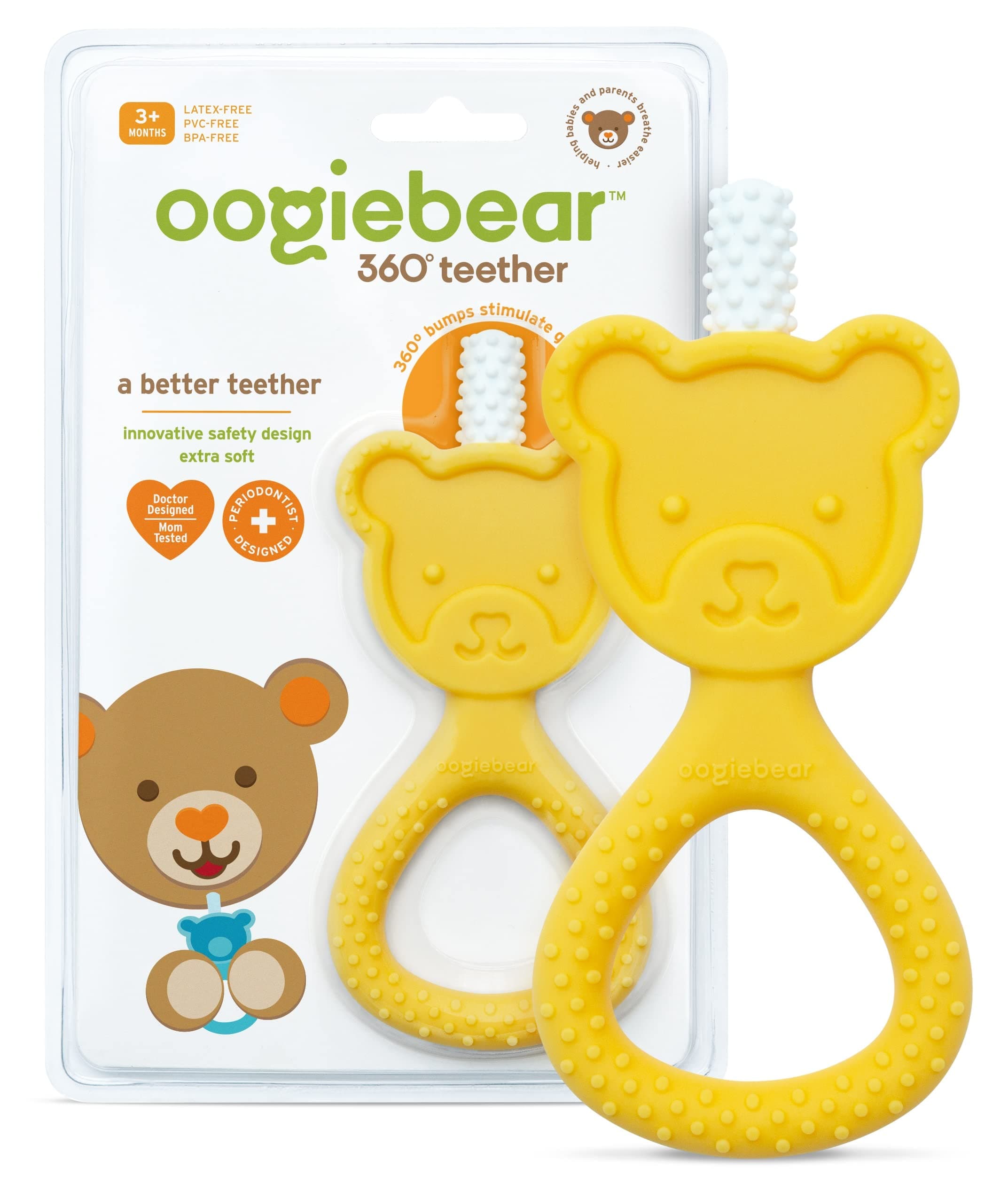 oogiebear 360˚ Teether - Safe Teething Toys for Babies 3 Months and Older | Soft Bristle Teddy Bear Silicone Teether | Super Soft BPA-Free Silicone - Yellow