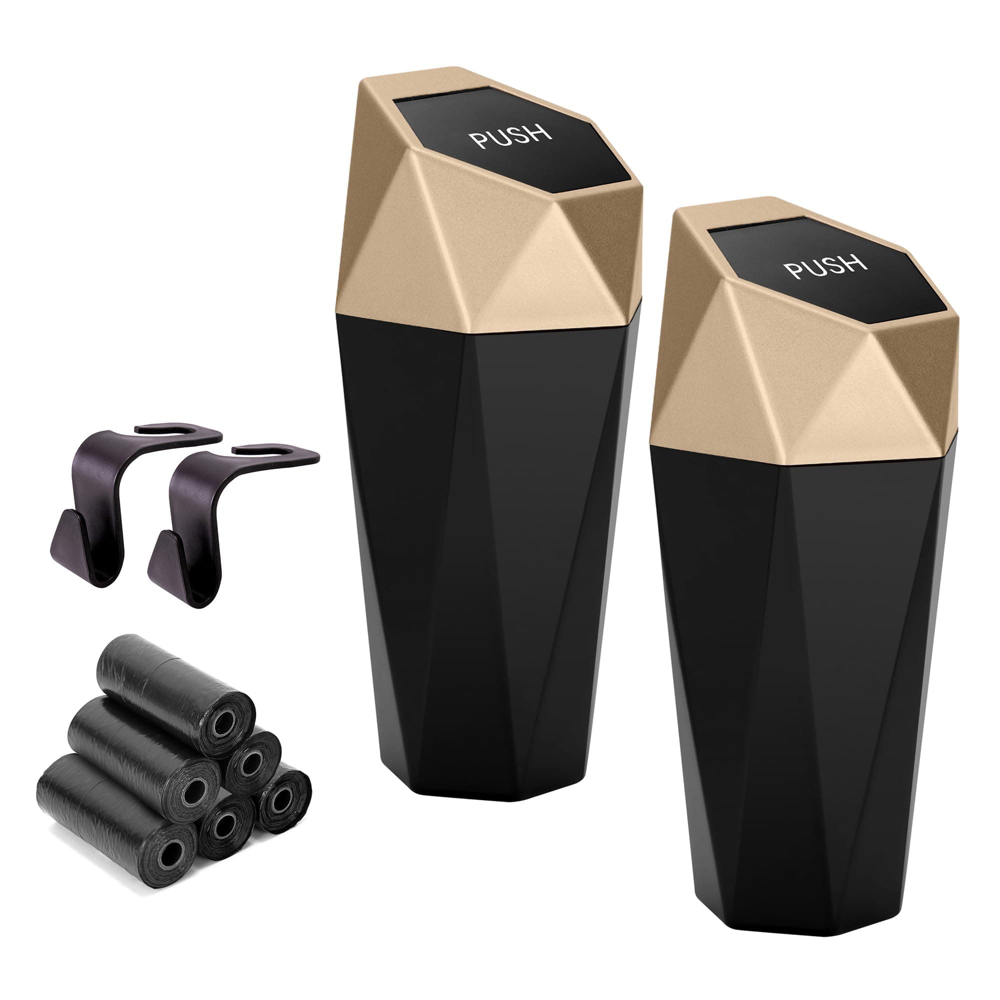 Ginsco Car Trash Can Cup Holder, 2 Pack Mini Car Trash Can with Lid, Car Accessories for Interior, Leakproof Small Trash Cup for Car, Home with Additional 2 ABS Hooks and 90pcs Trash Bags Golden