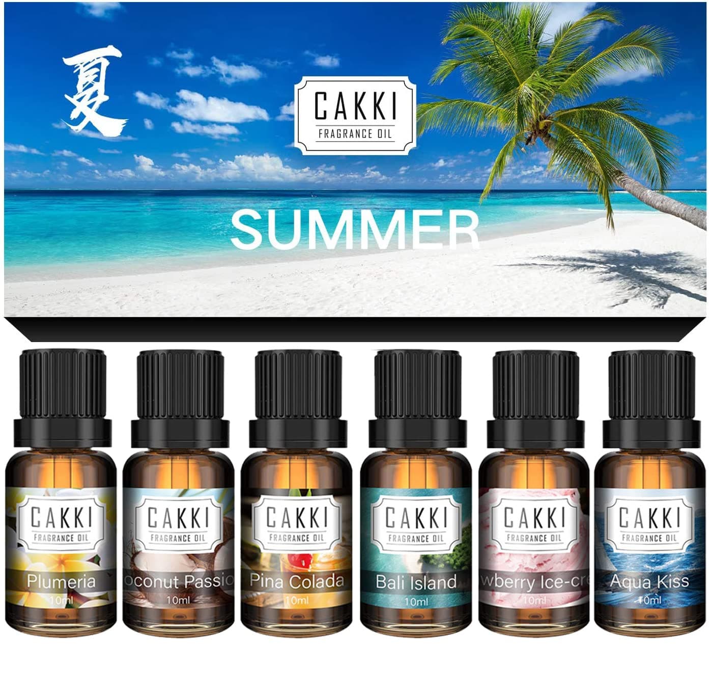 Summer Essential Oils for Diffusers for Home, CAKKI Fragrance Oils Set, Long Lasting, 6X10ml with Coconut, Pina Colada, Aqua Kiss, Bali Island, Strawberry, Aromatherapy Oils, for Candles Making