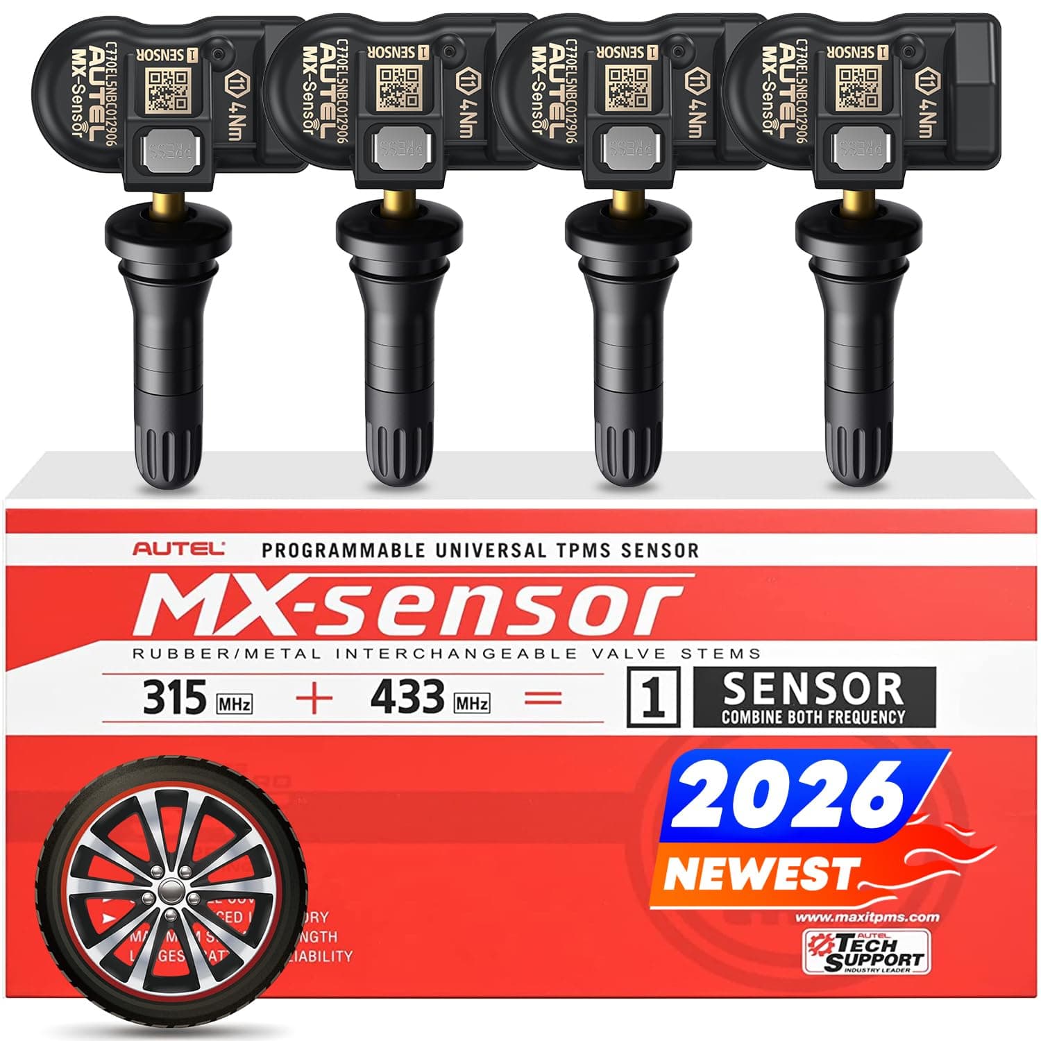 Autel TPMS Sensor Set of 4, MX-Sensor 2in 1 315MHz + 433MHz Press-in TPMS Universal Programmable Sensor, OE-Level 100% Cloneable by Autel TPMS Tool TS408S TS501 PRO TS508 TS508WF (4PCS Rubber Stem)