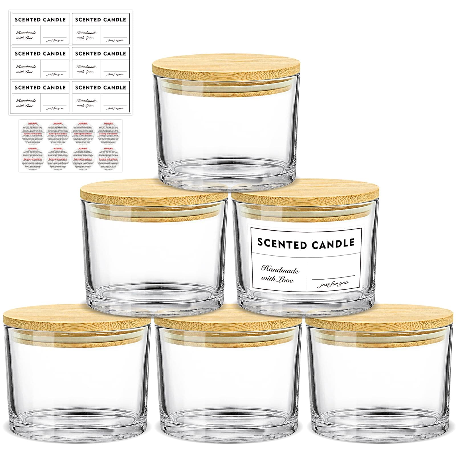 16oz Candle Jars 6 Pack - 3 Wick Large Empty Clear Glass Candle Making Vessels with Bamboo Lids, with Stickers and Labels, Bulk Candle Jars for Making Candles Containers - Dishwasher Safe